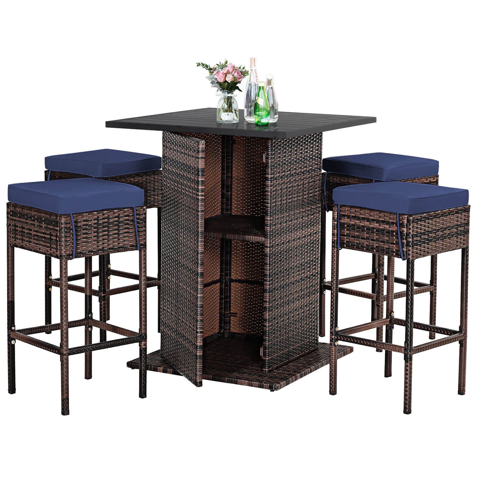 Volenca 5-Piece PE Rattan Patio Bar Set with Cushions and Hidden Storage Shelf 350-lb Stool Capacity