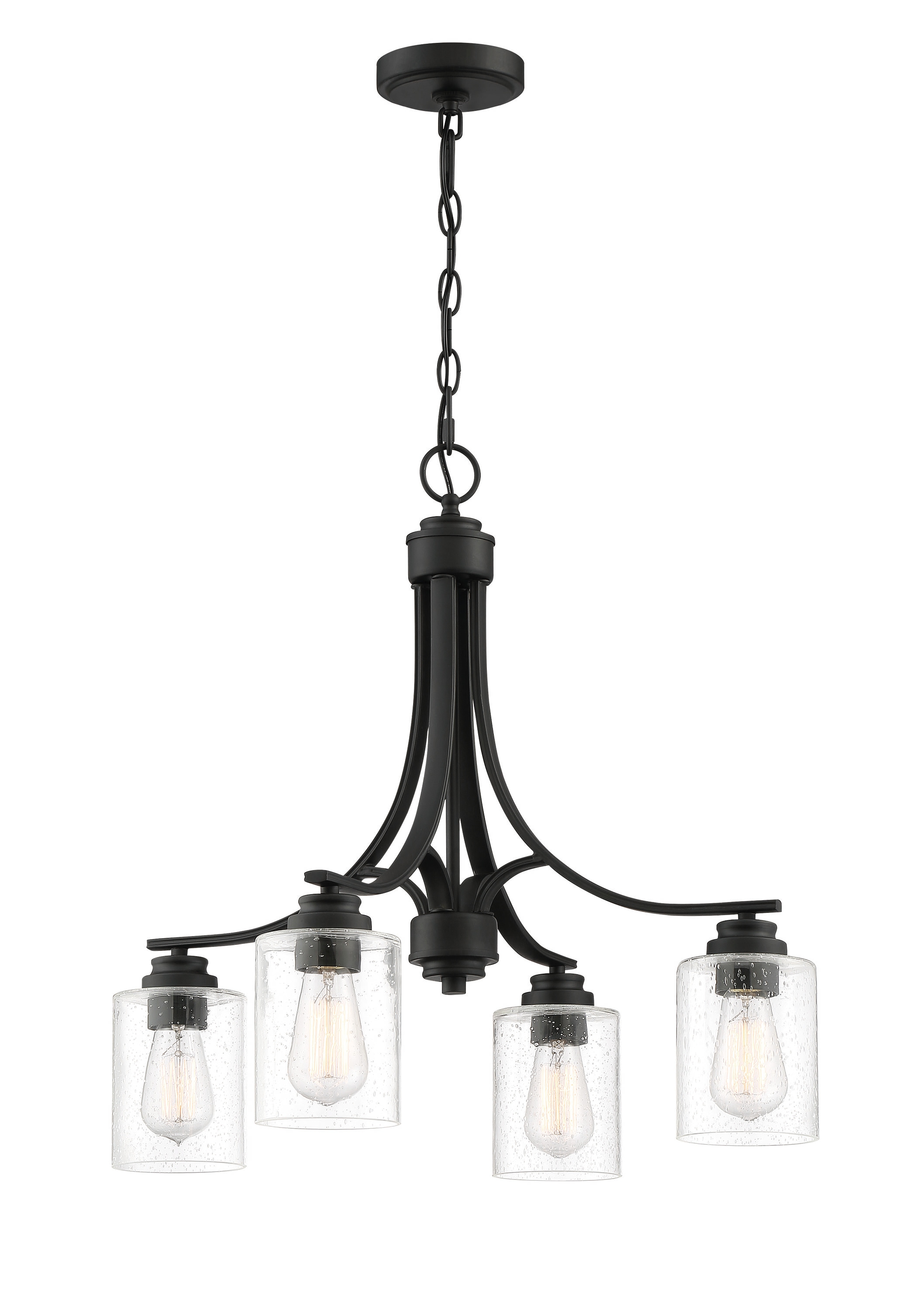 Flat Black and Clear Seeded Glass 4-Light Chandelier
