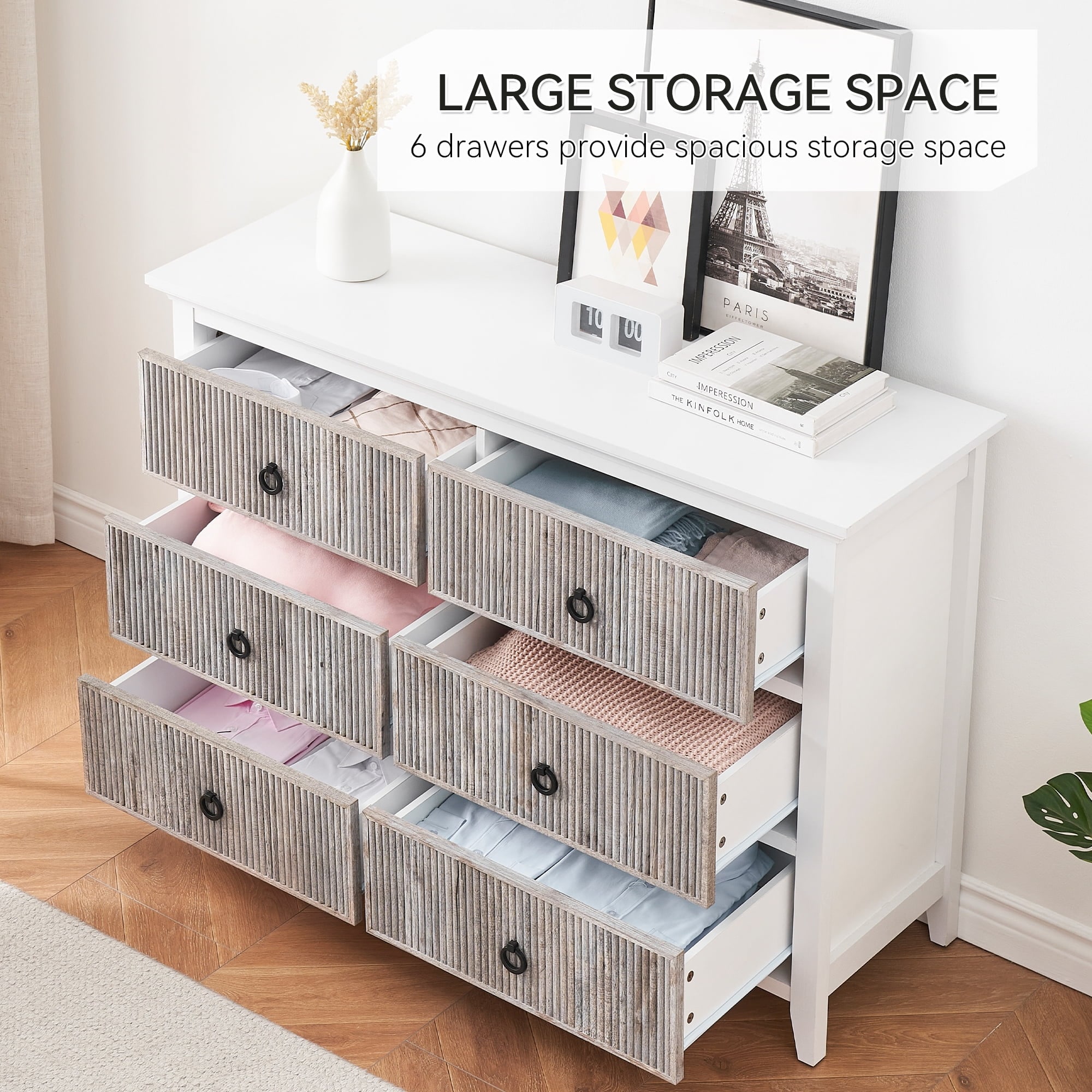 Garvee Storage Cabinet  6 Drawer Wave Pattern Chest - MDF + PB  Driftwood Color  Modern Storage for Bedroom  Living Room  or Office