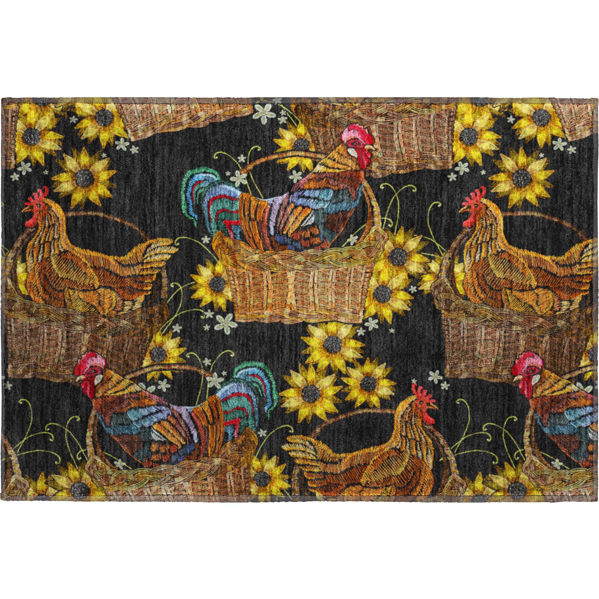 Black and Multicolor Synthetic Rectangular Washable Kitchen Rug