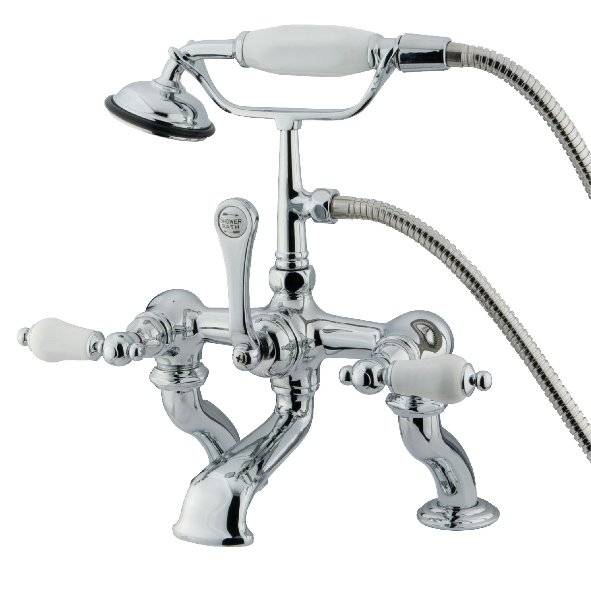 Kingston Brass WLCC412T1 Vintage Polished chrome 3-handle Deck-mount Roman Low-arc Bathtub Faucet with Hand Shower ( Valve Included )