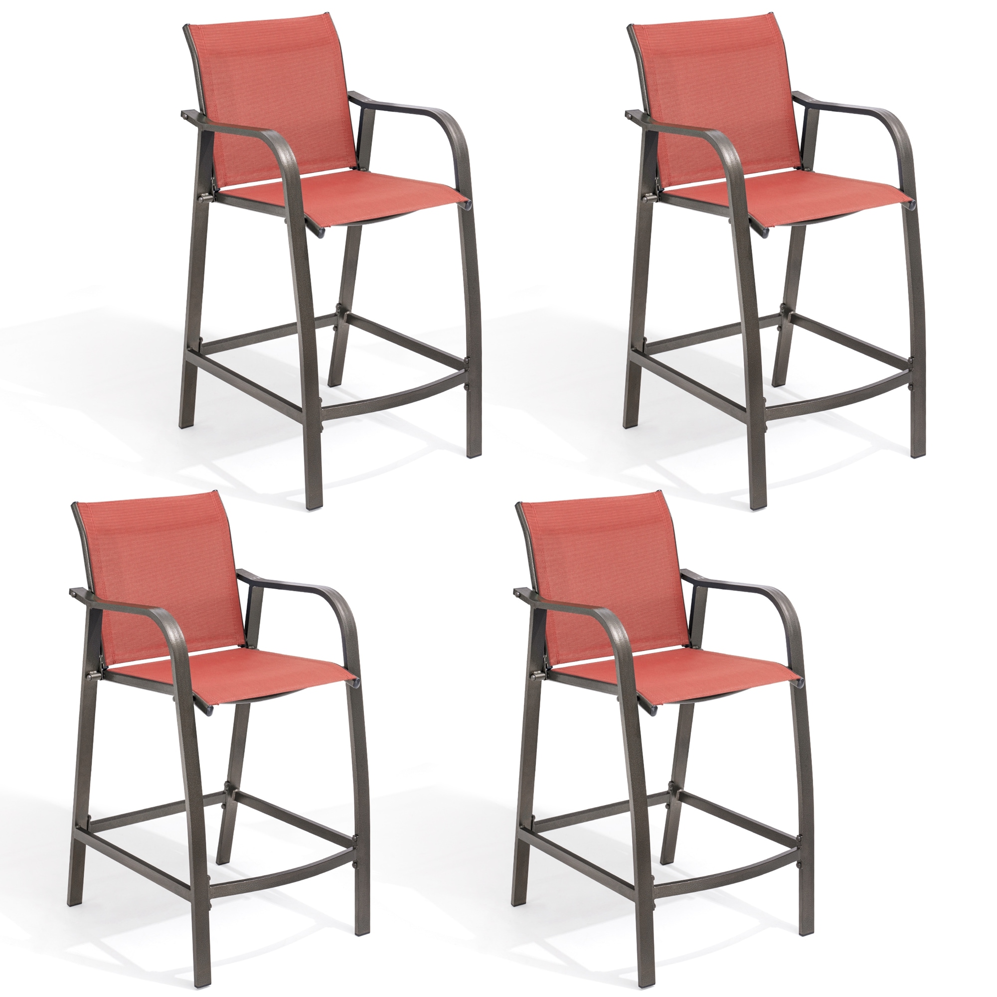 Crestlive Products CL-ST001ORG-2SET 4 Pieces Patio Bar Stools Set Set of 4 Brwon Aluminum Frame Stationary Bar Stool Chair with Orange Texteline Sling Seat