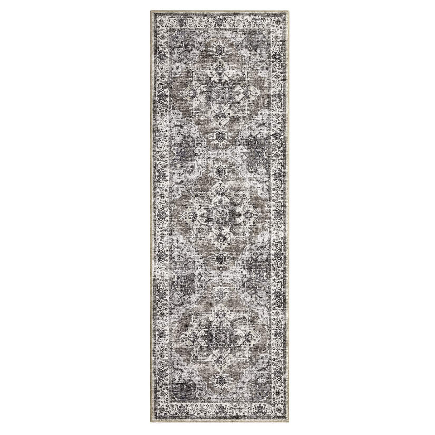 Qeetex LSN-PHK-338YYNJC 2 x 6 ft Polyester Wool Spinning Brown Rectangular Hallway Bathroom Entryway Kitchen Office Foldable Flower Printed Persian Washable Area Rug