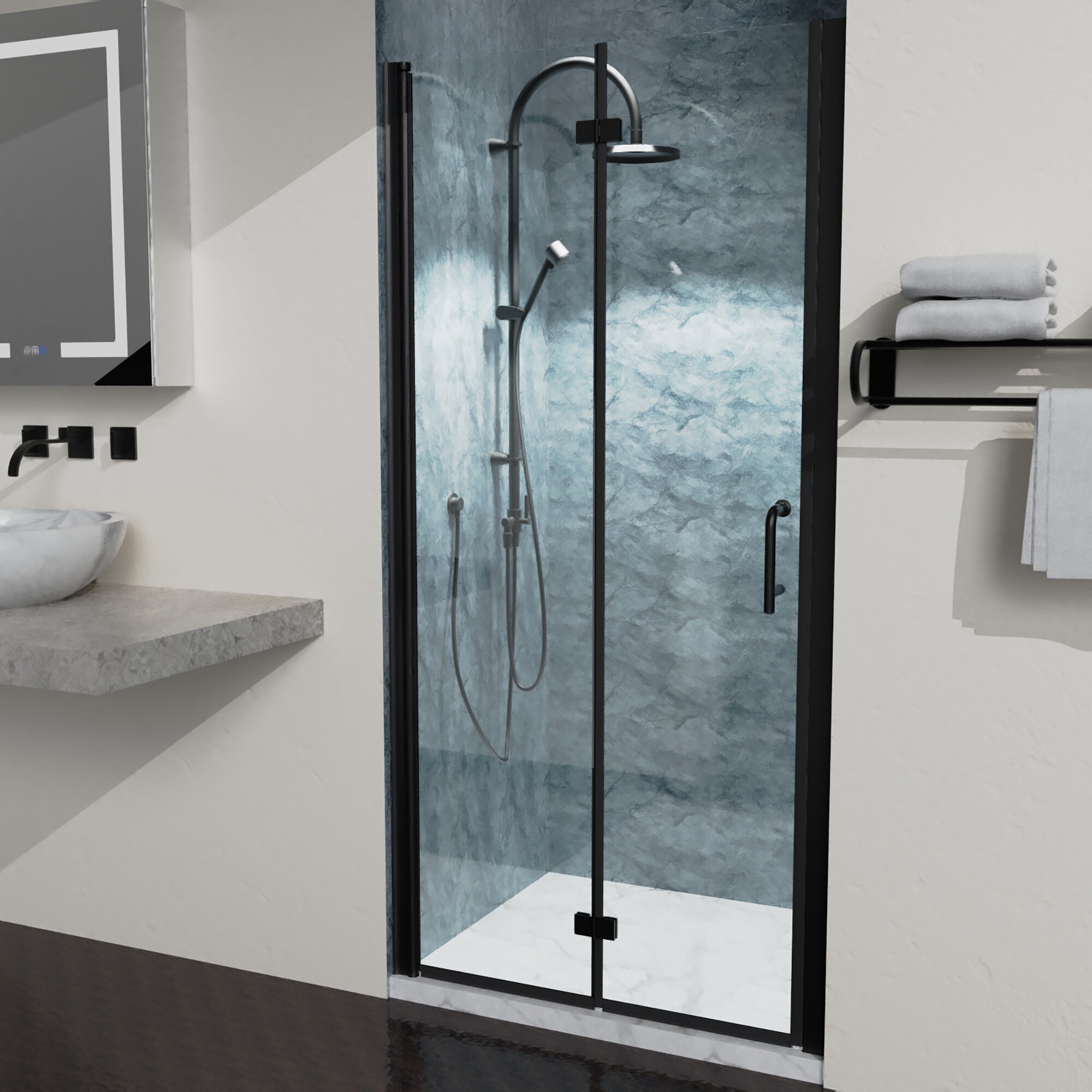 Matte Black Frameless Bifold Shower Door with Clear Glass
