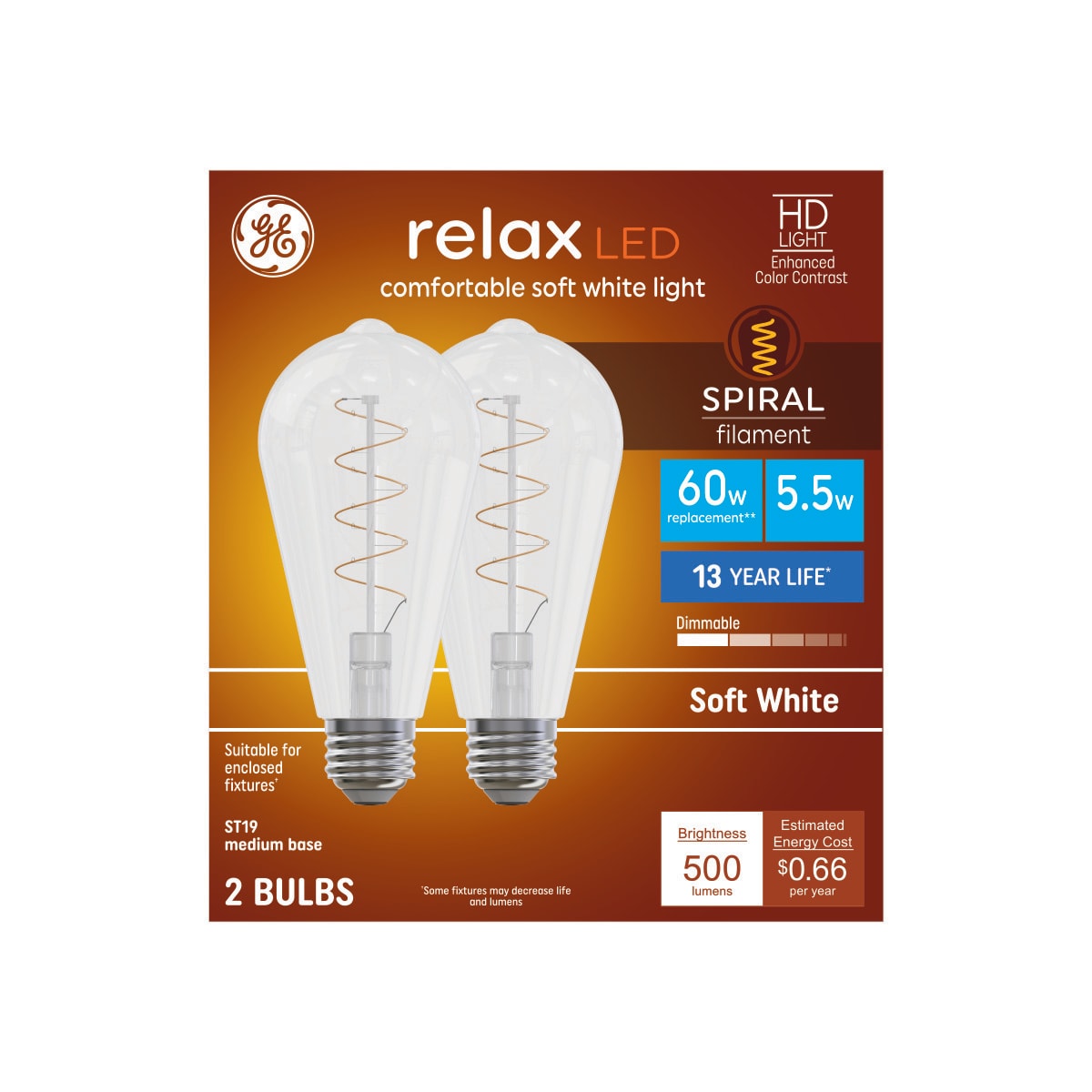 GE 93131669 Relax HD Spiral Filament 60 -Watt EQ ST19 Soft white Medium base (E-26) Dimmable LED Decorative Light Bulb 2 -Pack