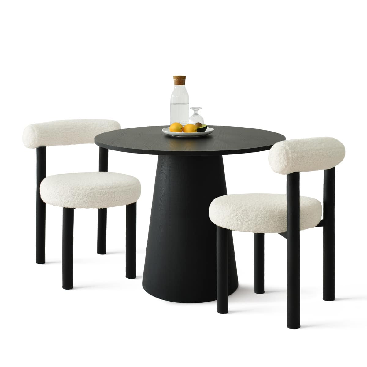 Maison Boucle DWEN-BK-88+SU-BG 3 Piece Dining Table Set 35 Inch Black Grain Table with 2 Round Boucle Chairs for Small Spaces