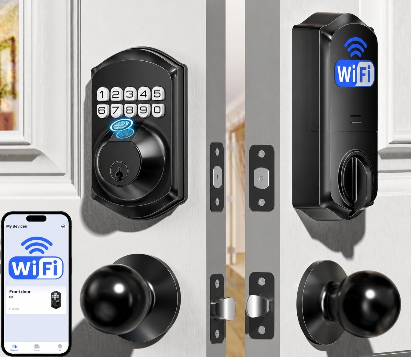 Adrinfly WiFi Smart Keyless Entry Door Lock Matte Black 1 Piece Fingerprint Door Knob Digital Keypad App Remote Control Alexa Google 2.4GHz #LAD0509M56