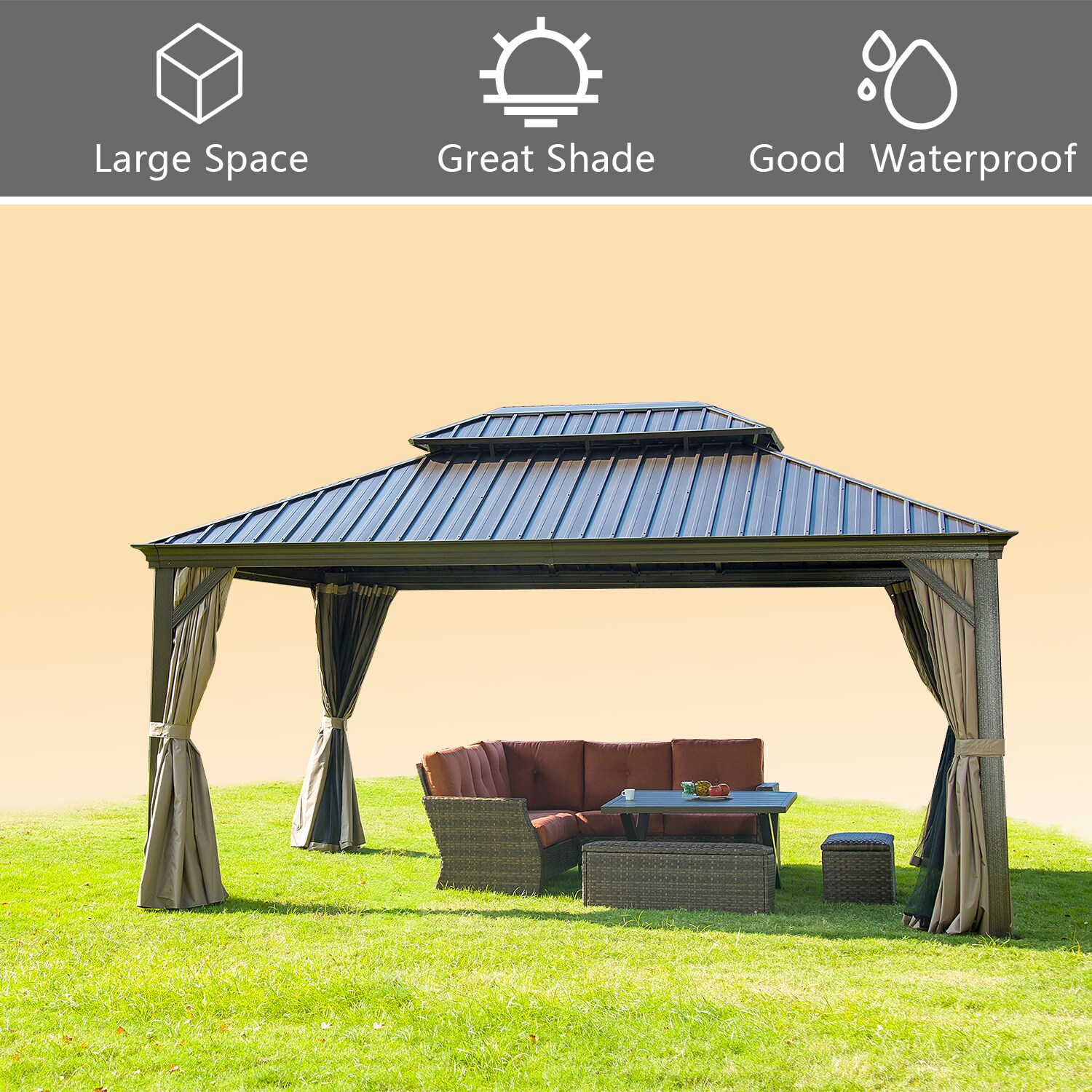 Bansa Rose 12 Ft X 16 Ft Rectangle Brown Metal Steel Roof Grill Gazebo With Screen Included In