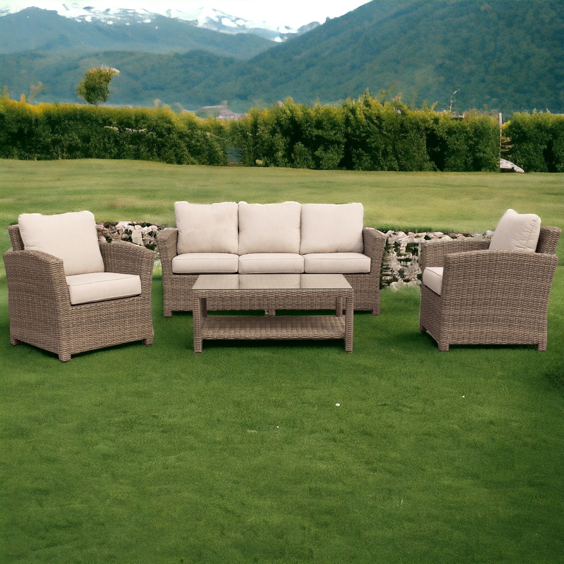 Courtyard Casual 5834 Capri 4-Piece Wicker Patio Conversation Set with Tan Cushions