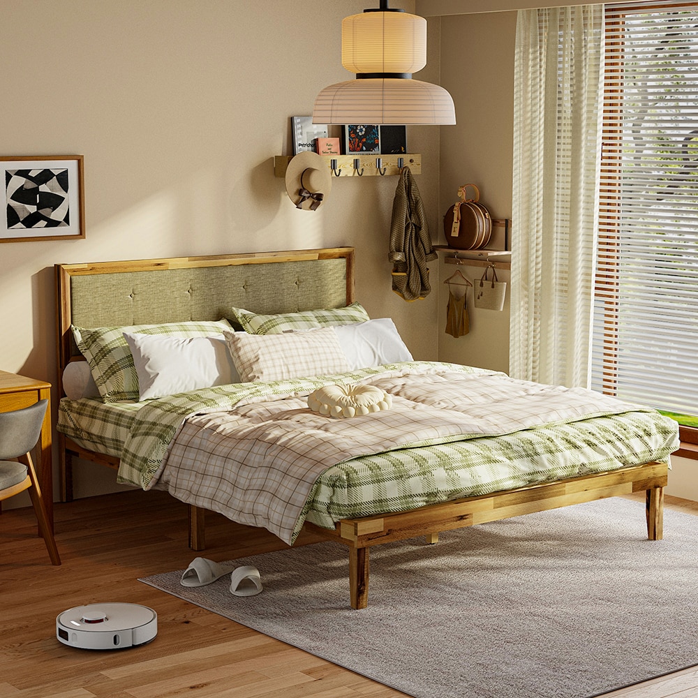Homsee C-KF330156-01 Queen Size Acacia Wood Bed Frame with Upholstered Linen Headboard and Reinforced Slat Support 82.2''L x 63''W x 41.1''H Brown