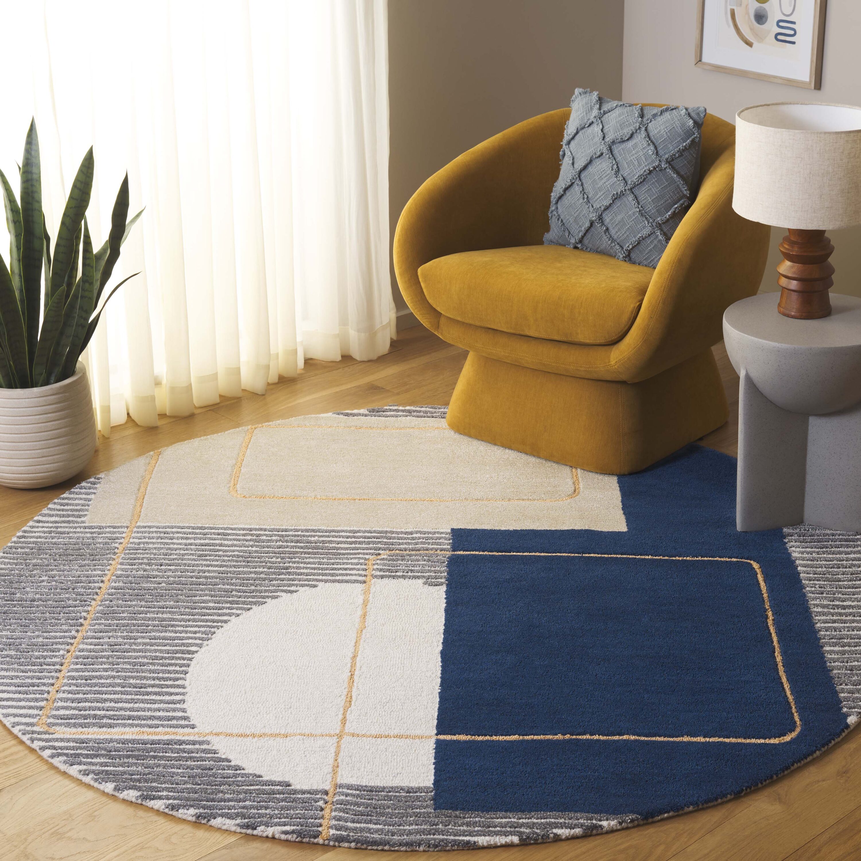  Ebony 254 Beige/Blue Contemporary 6ft x 6ft Round Rug