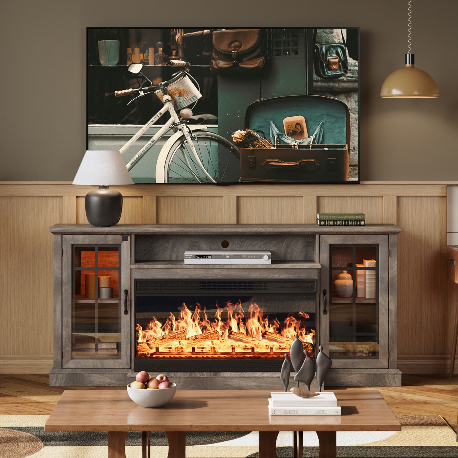 Bapipro TE17A32G 70-in W Gray TV Stand with Infrared quartz Flat wall Electric Fireplace with Remote Control Included
