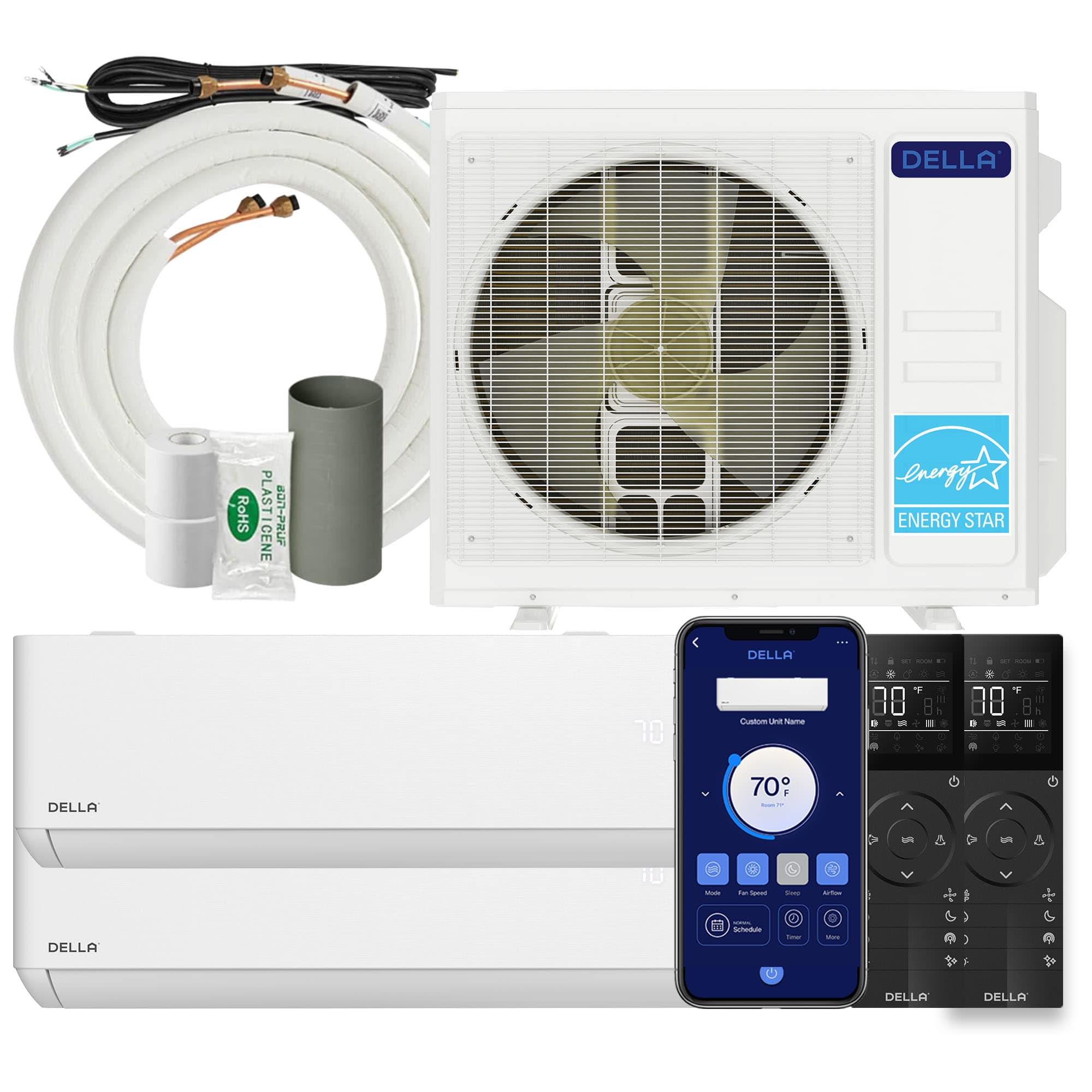 DELLA  20K BTU 2-Zone 6K-6K Soft Airflow Mini Split AC with Heat Pump Fits Up to 600 Square Feet