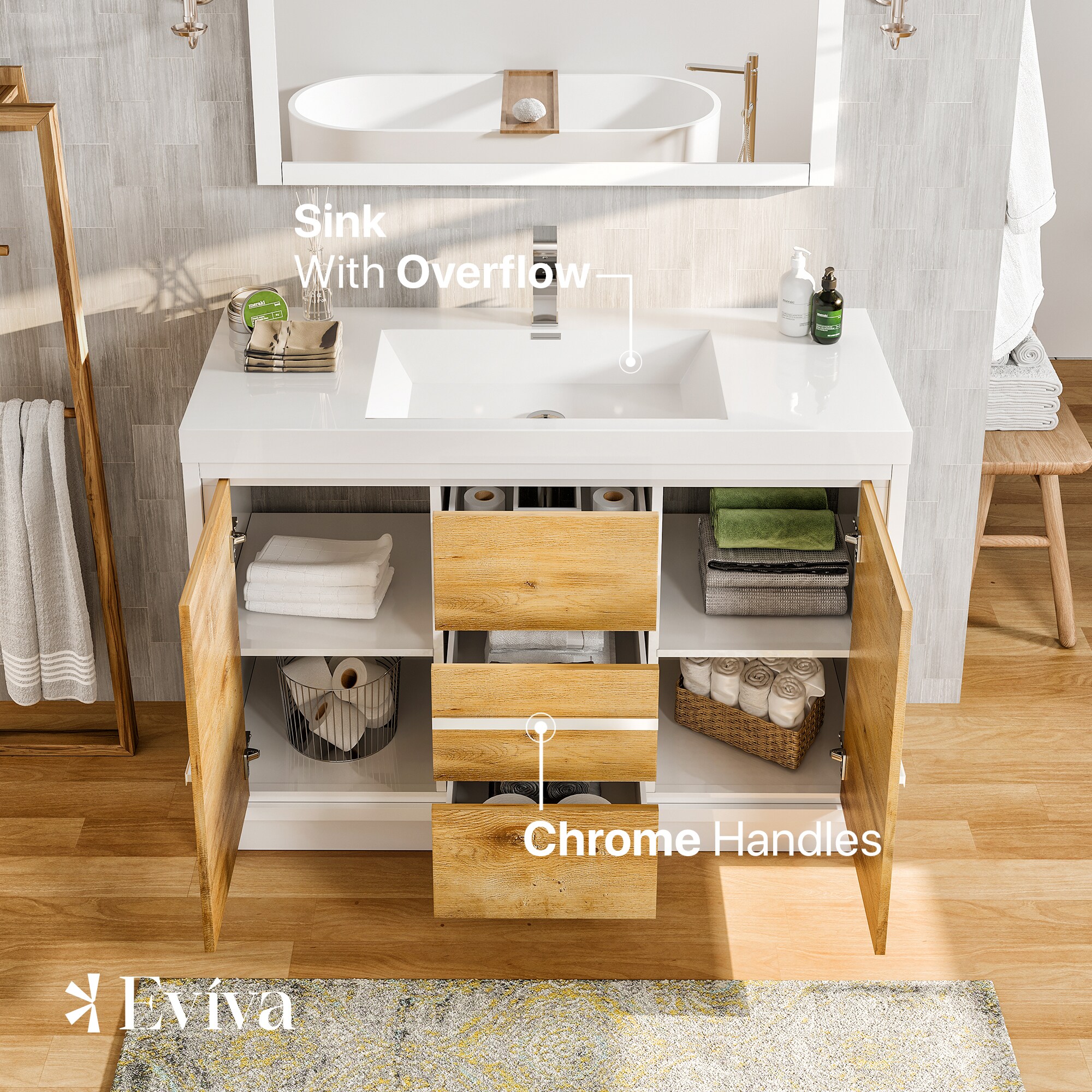 Natural Oak and White Freestanding Single Sink Bathroom Vanity