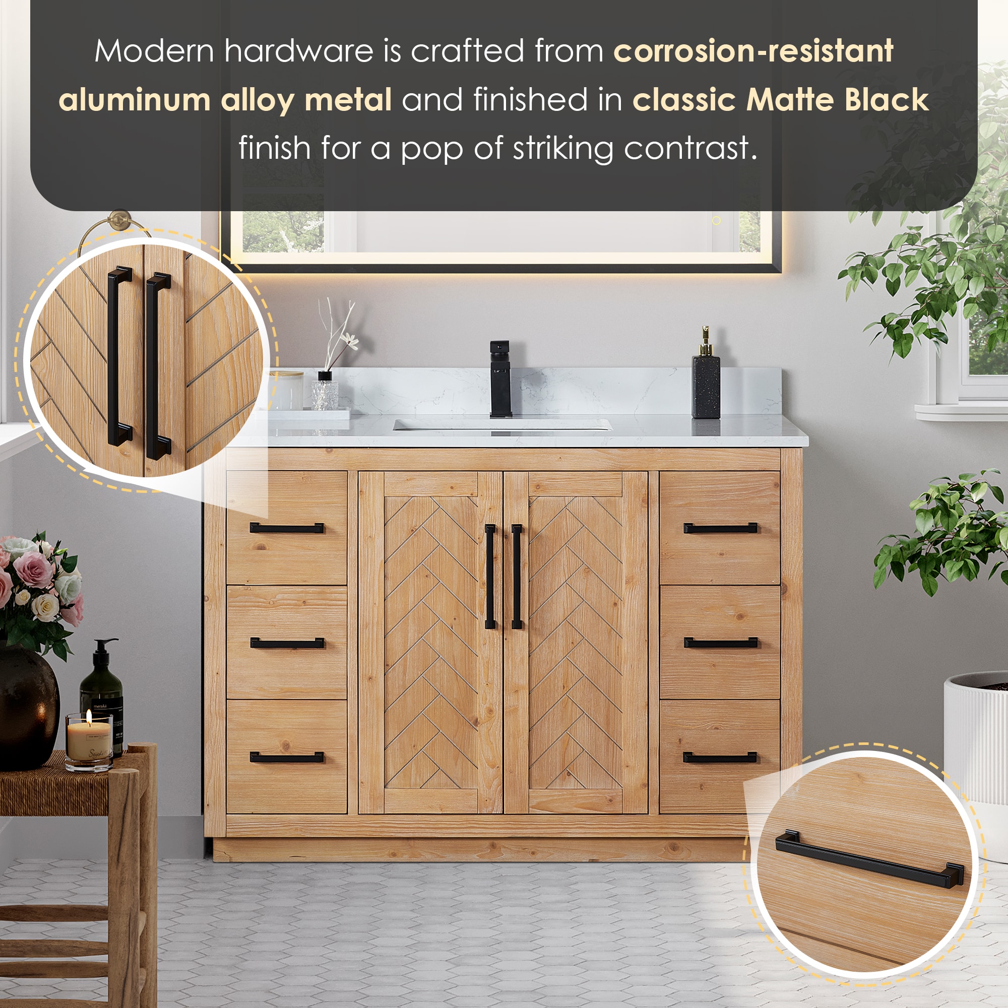 Anais Light Brown Wood Bathroom Vanity with White Stone Countertop, 48 inch