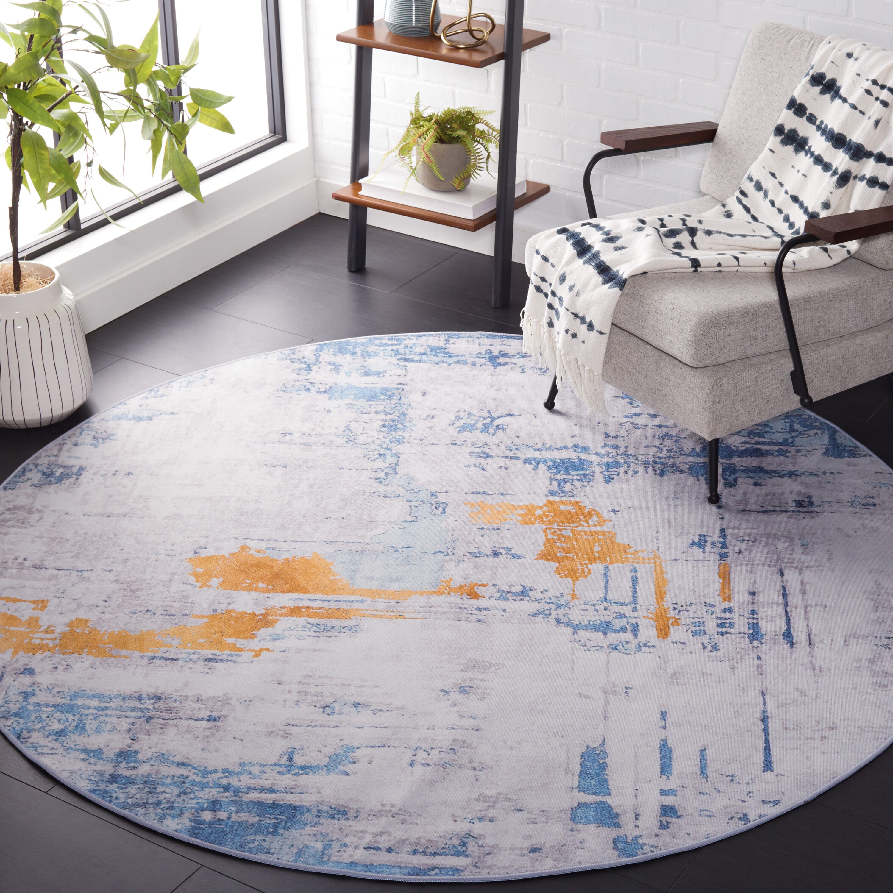 Tacoma 812F Grey Blue Machine Washable/Slip Resistant 6ft x 6ft Contemporary Rug