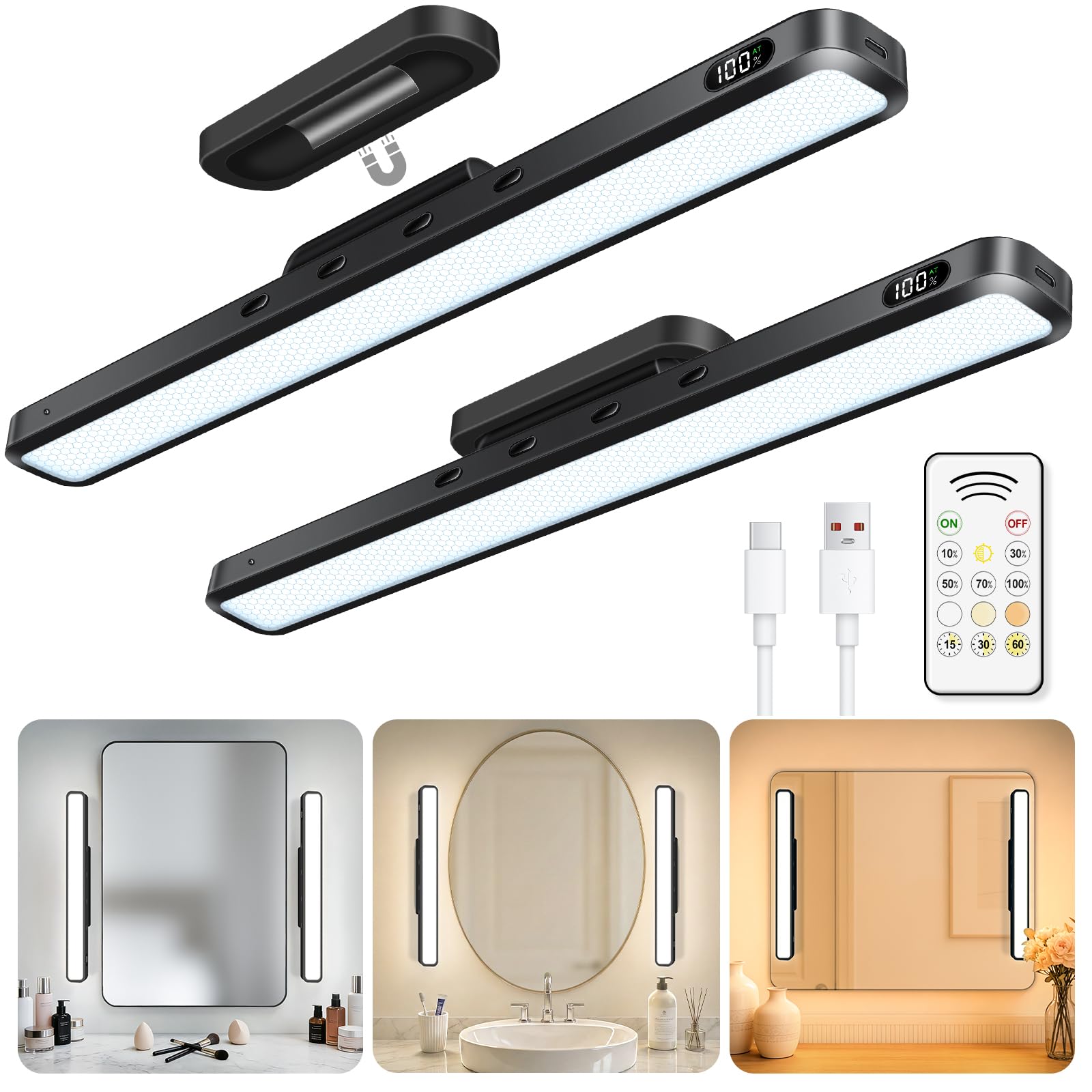 JVFCXXV  3W Mirror Lights with Remote Control Magnetic Light Bar with power cell Level Display Adjustable Color Temperatures Vanity Lights for
