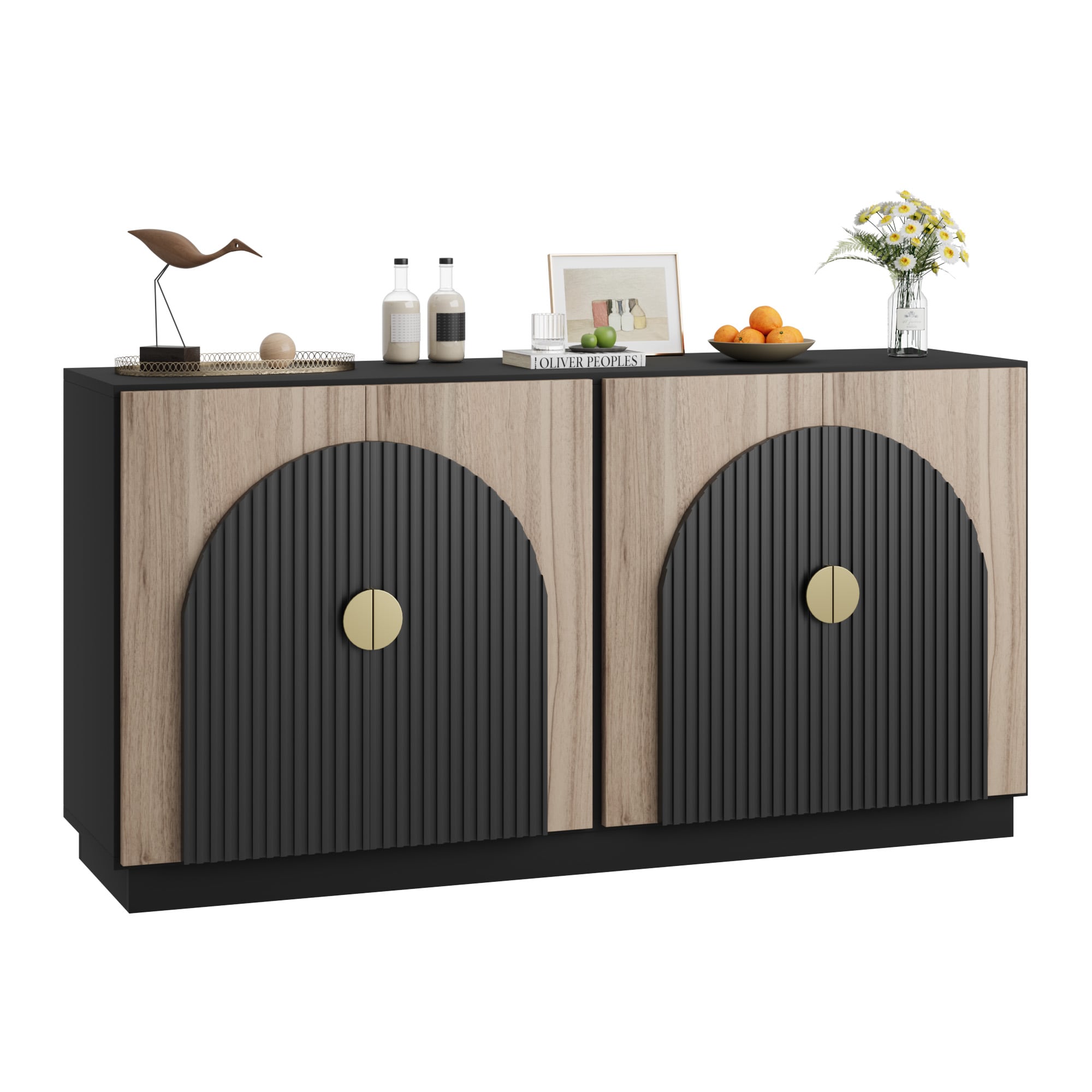 IdealHouse Mid-Century Modern Buffet Cabinet with Arched Fluted Doors Adjustable Shelves Sideboard Credenza