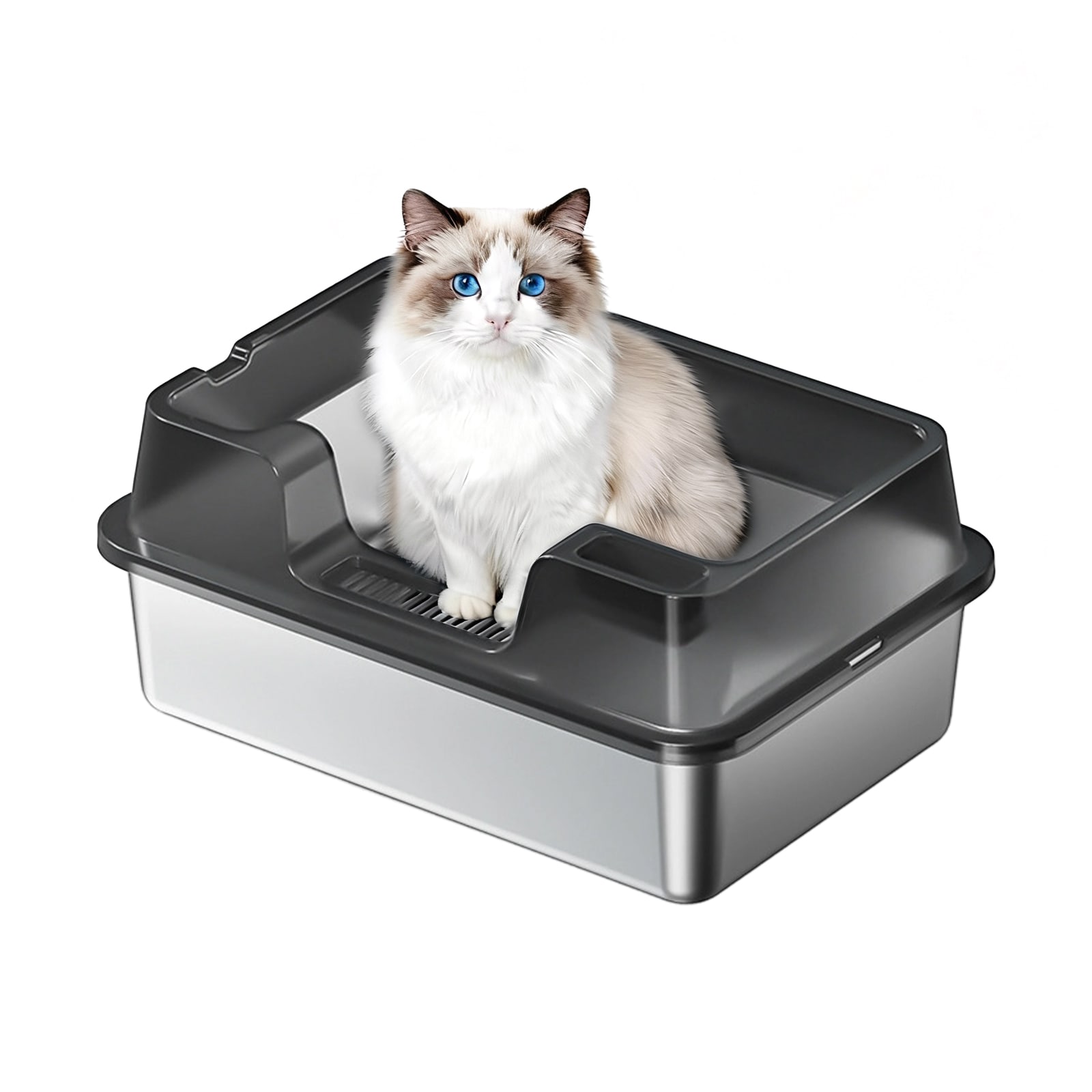 Garvee Stainless Steel Cat Litter Box Semi Enclosed Cat Litter Tray Anti Splash High Sided Cat Litter Box Non Sticky Easy Cleaning