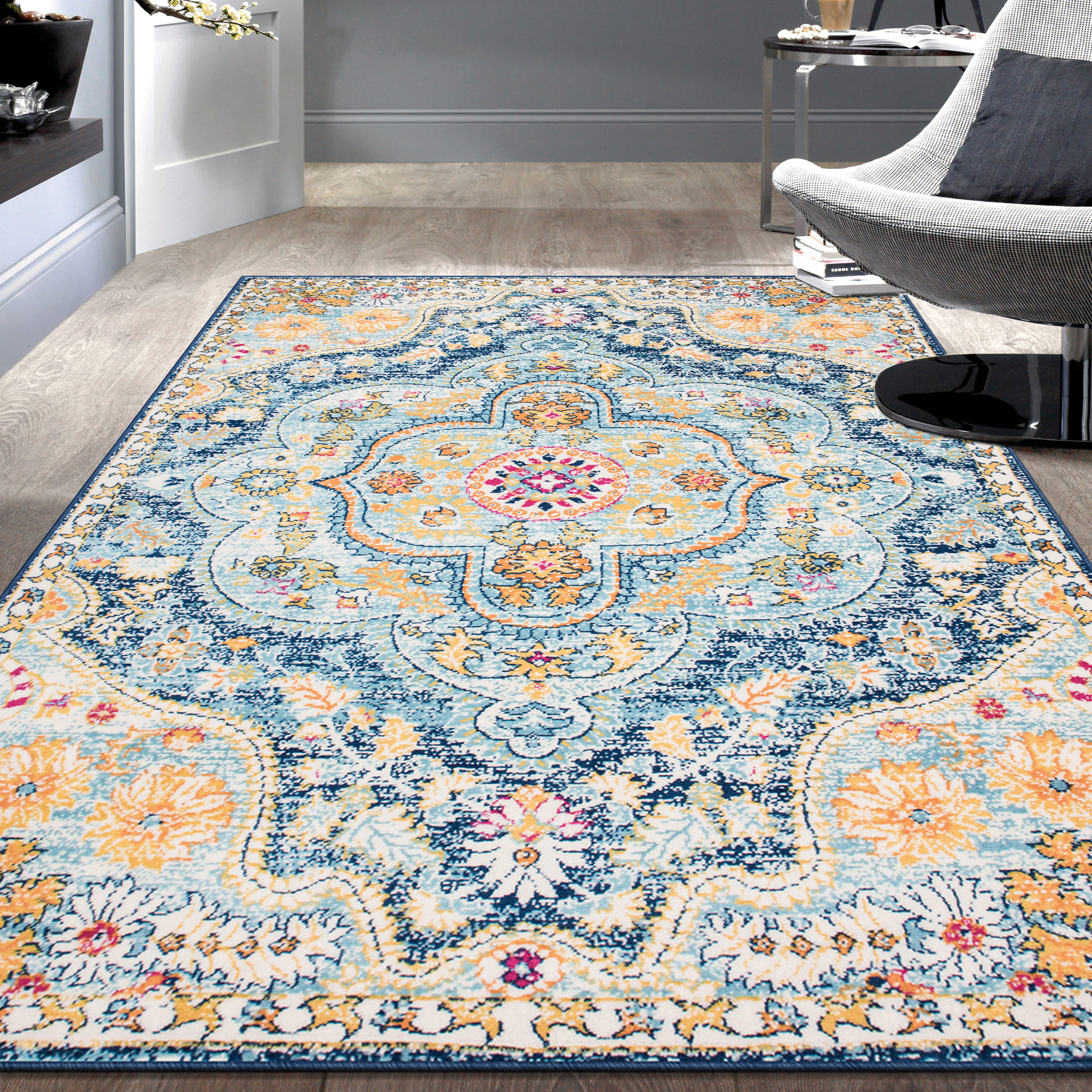 Navy Synthetic 5' x 7' Reversible Washable Area Rug