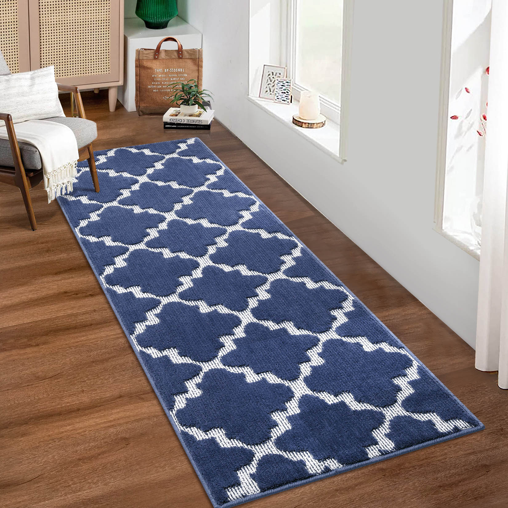 Garvee YXY-LO-PHO-0XUAV9ZL 2 x 6 (ft) Loomed Polyester Blue Rectangular Indoor Geometric Moroccan Machine washable Runner rug