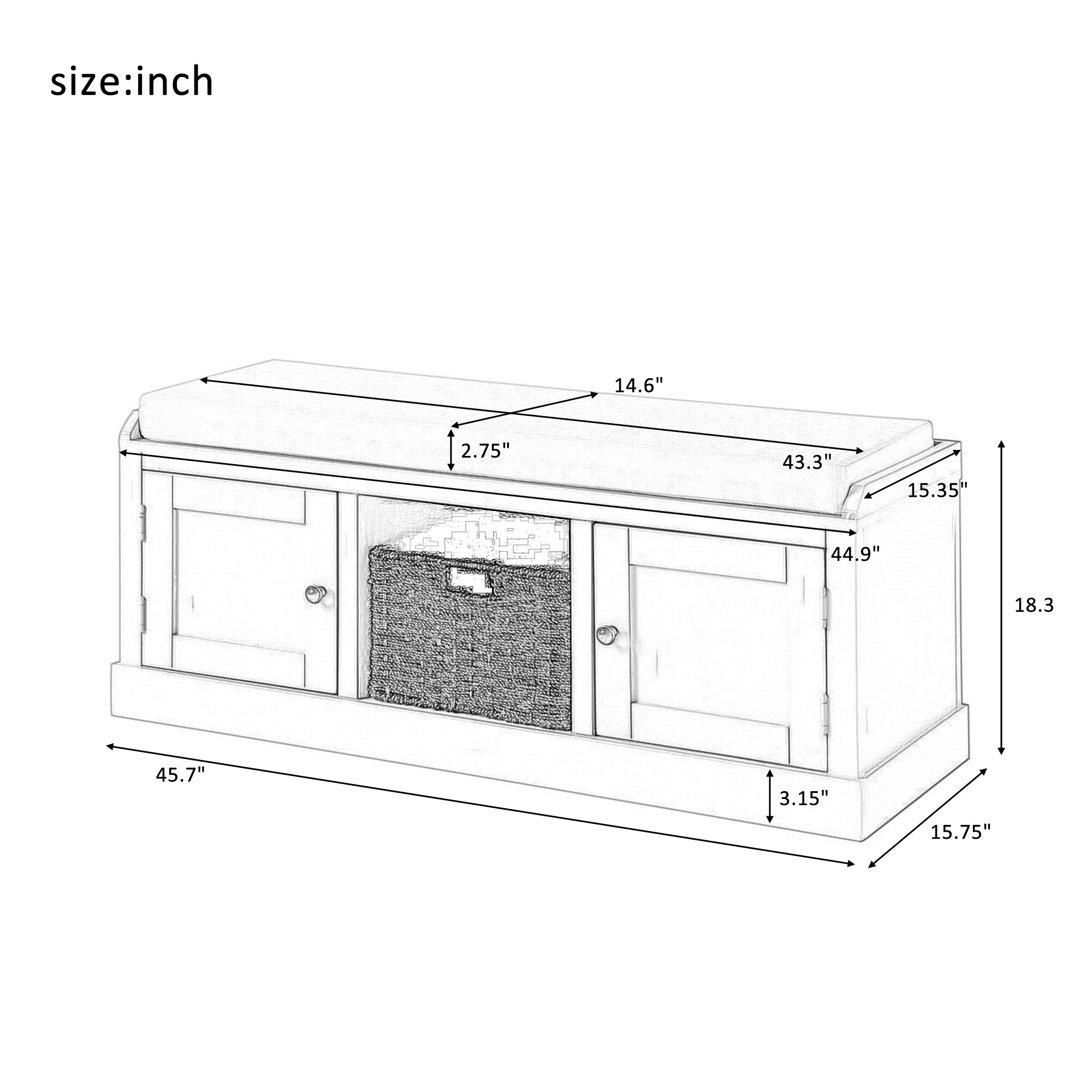 Mondawe Midcentury Gray Storage Bench with Storage 45.7-in x 15.7-in x ...