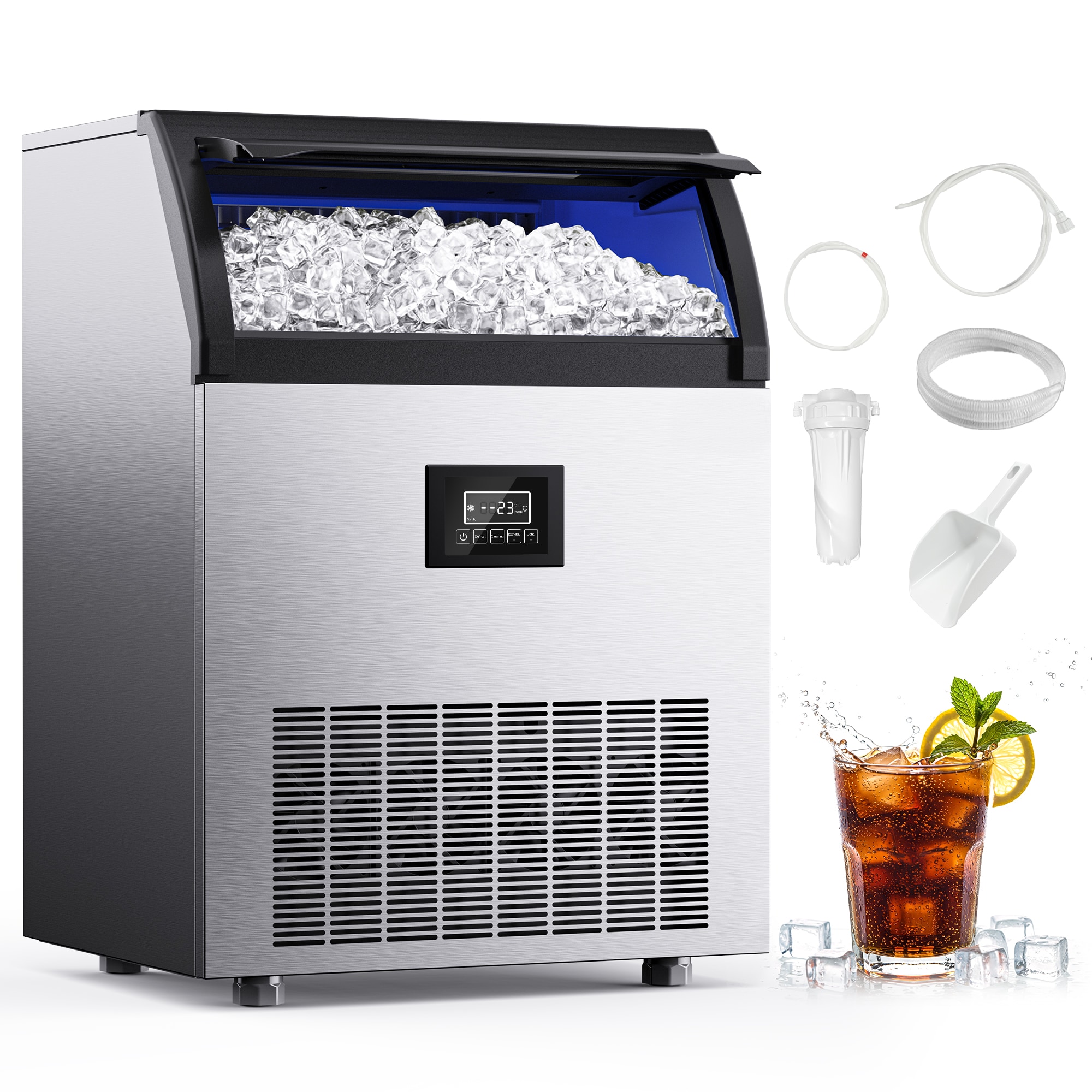 SIMZLIFE CIM012-300BS-S-LS-SC 350 lbs/24H Full Size Cubes Commercial Ice Maker in Silver Stainless Steel with 44-lb IcE Storage Bin and Auto-cleaning
