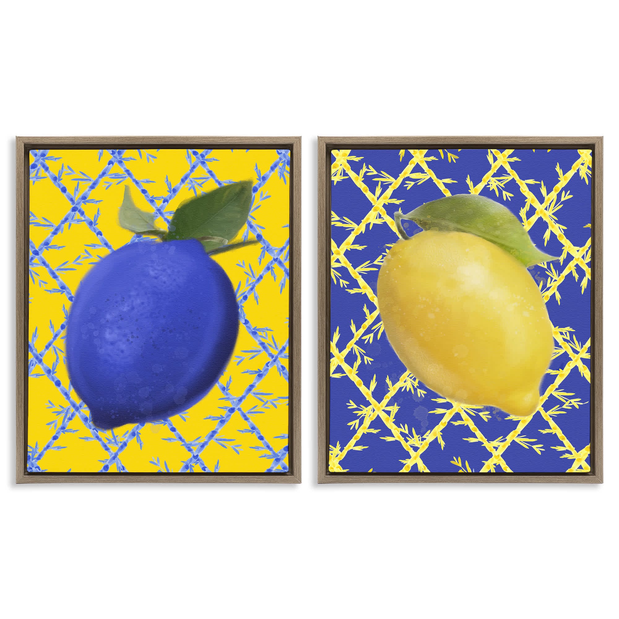 Stupell Industries B2-779-FFE-2PC-16X20 Bold Blue and Yellow Lemons 2 Piece Brown Framed Floater Canvas Set By Matthew Piotrowicz 17 x 21