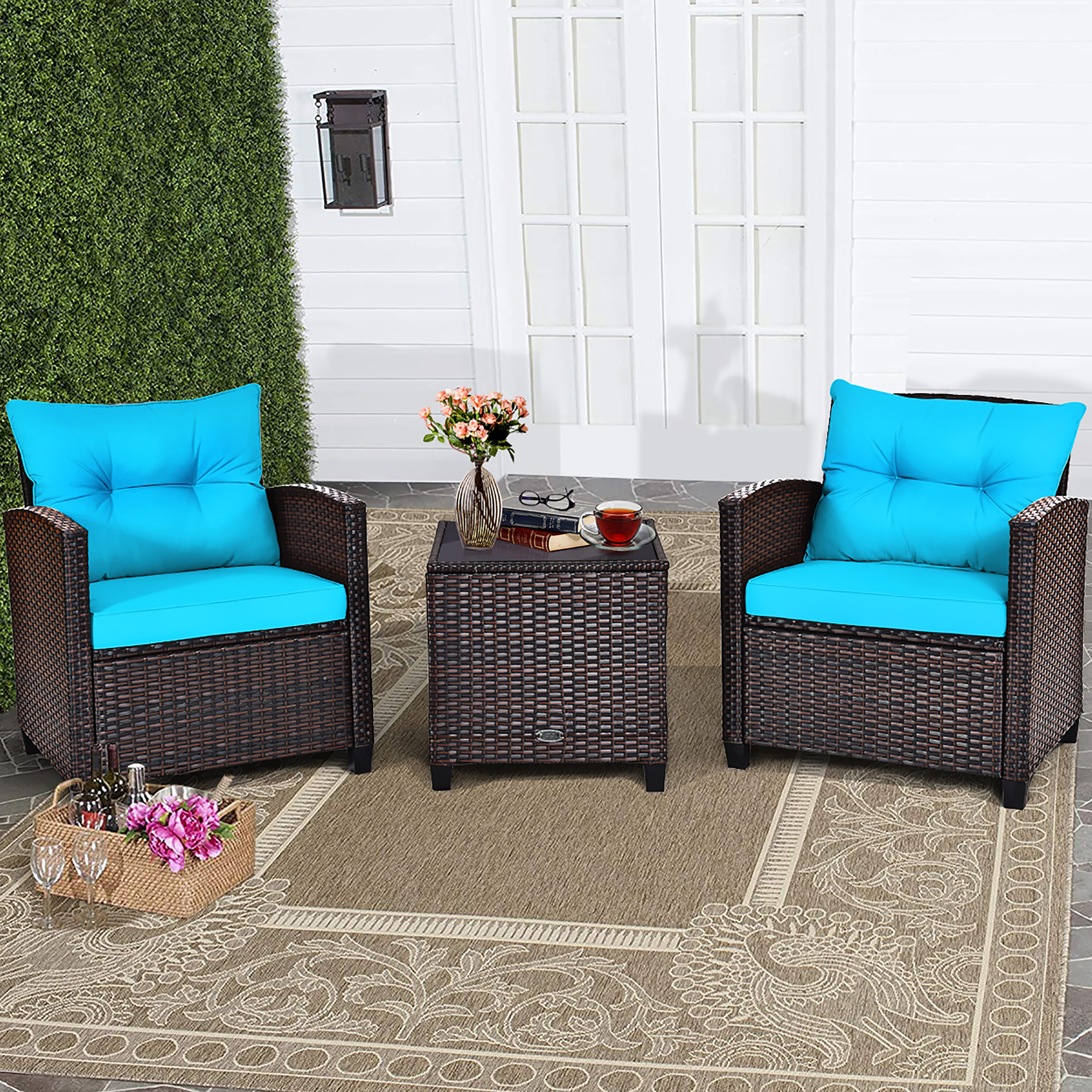 Turquoise Cushioned Rattan 3-Piece Patio Conversation Set