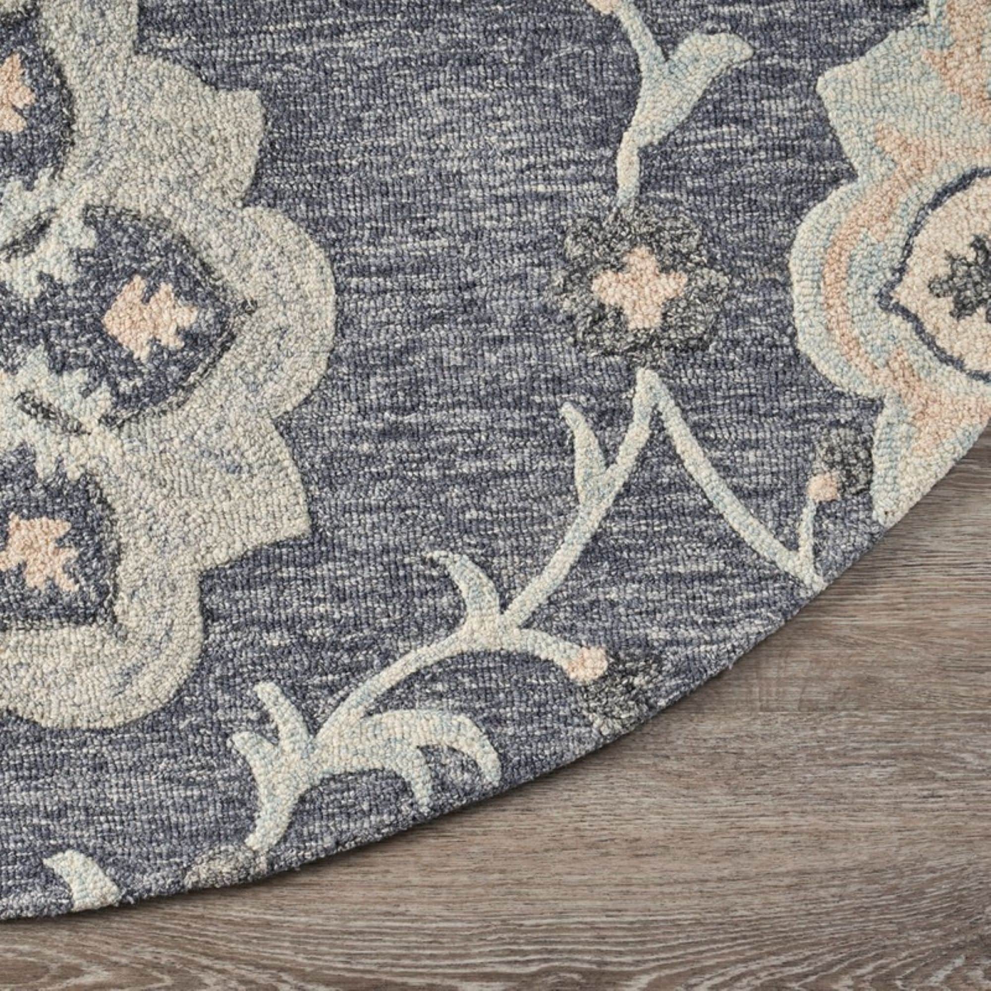 Hand-Tufted Victorian Floral Medallion Gray Wool 58" Round Area Rug