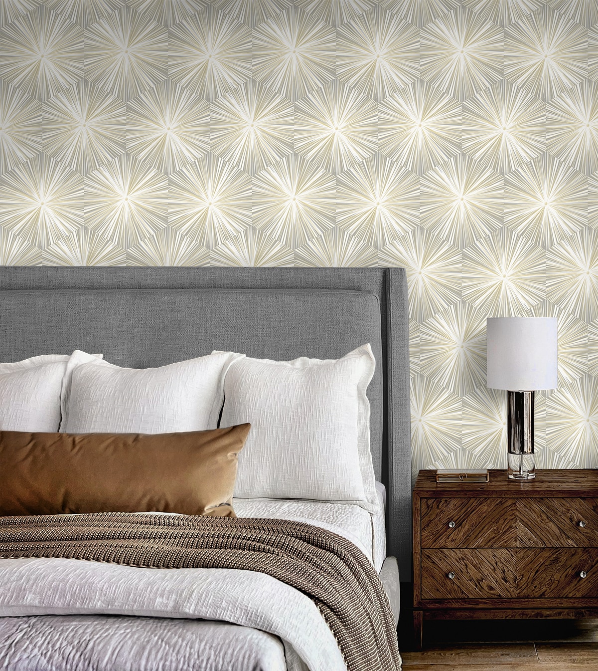 Grey and Metallic Gold Hex Starburst Peel and Stick Wallpaper