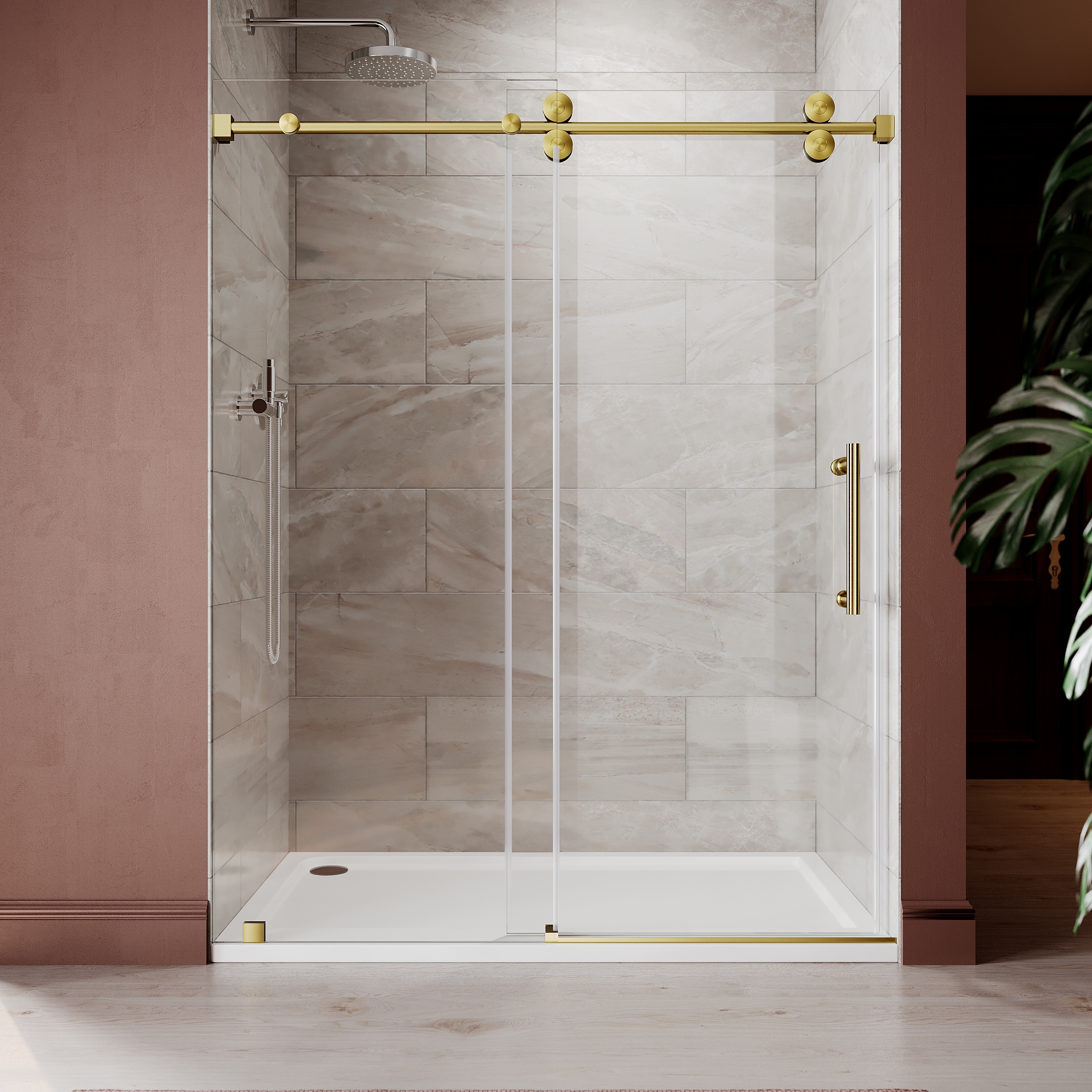 UNIKOO UKS04 56 in to 60 in x 84 in H Frameless Sliding Shower Door in Satin Brass with EnduroShield 3/8 in SGCC Clear Glass