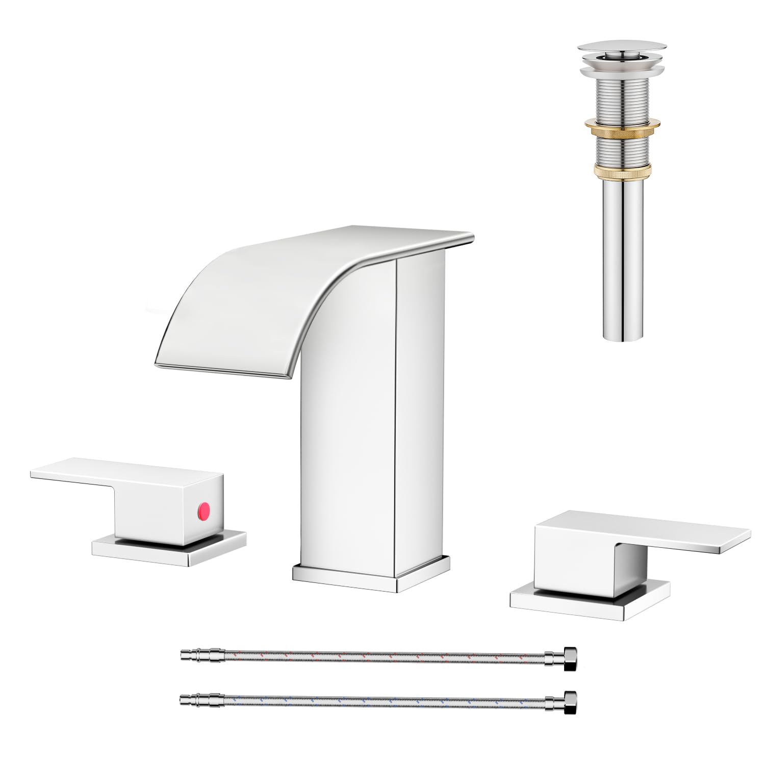 AVSIILE 8 Inch Widespread Bathroom Sink Faucet 3-Hole 2-Handle with Waterfall Spout and Pop-Up Drain in Chrome Finish