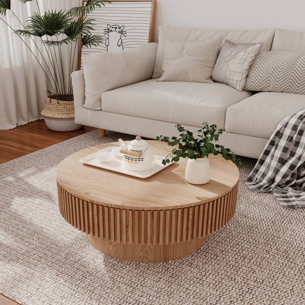 Coolbibila BEASL-COFFEE-NATURAL 31 Inch Natural MDF Wood Veneered Round Coffee Table with Storage Accent Tea Table for Living Room