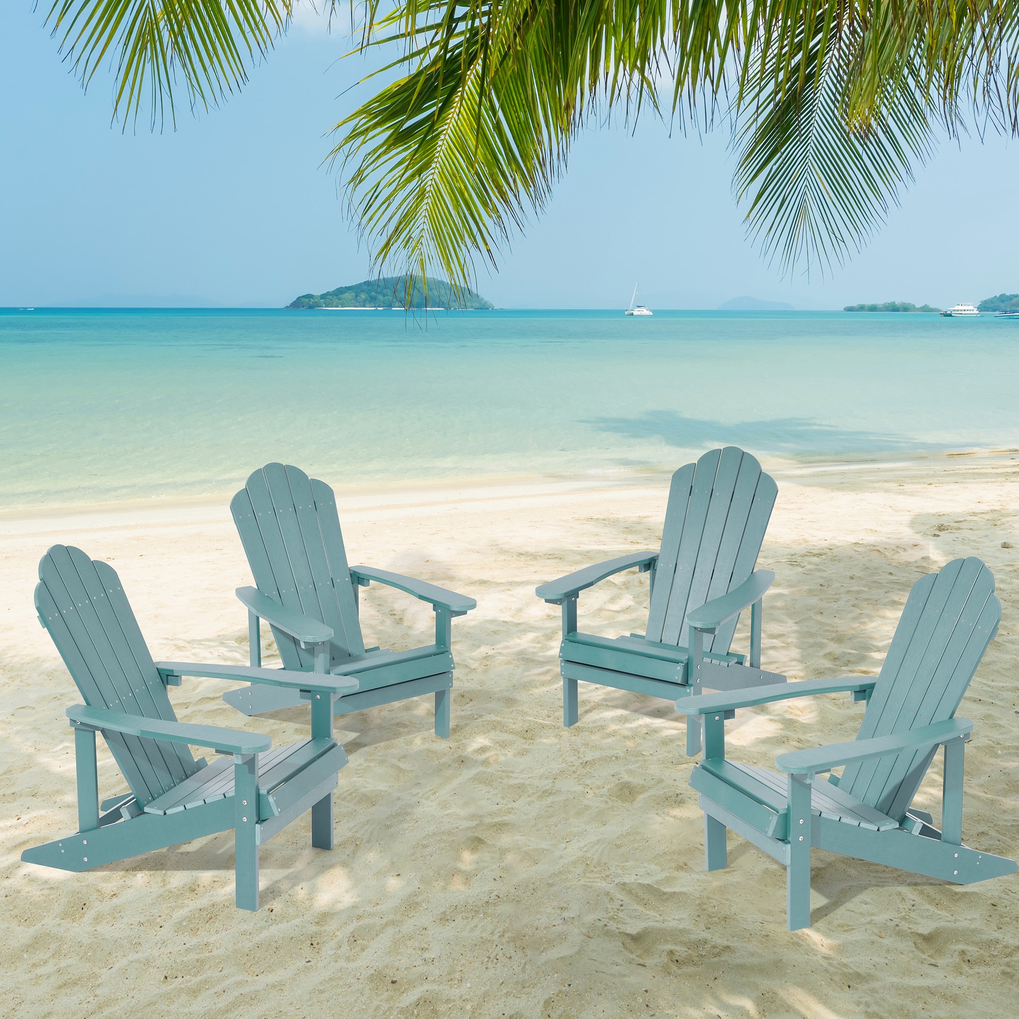Sonkuki SD-AD-37LB-4 Patio Chair Set of 4 Lake Blue Plastic Frame Stationary Adirondack Chair with Solid Seat