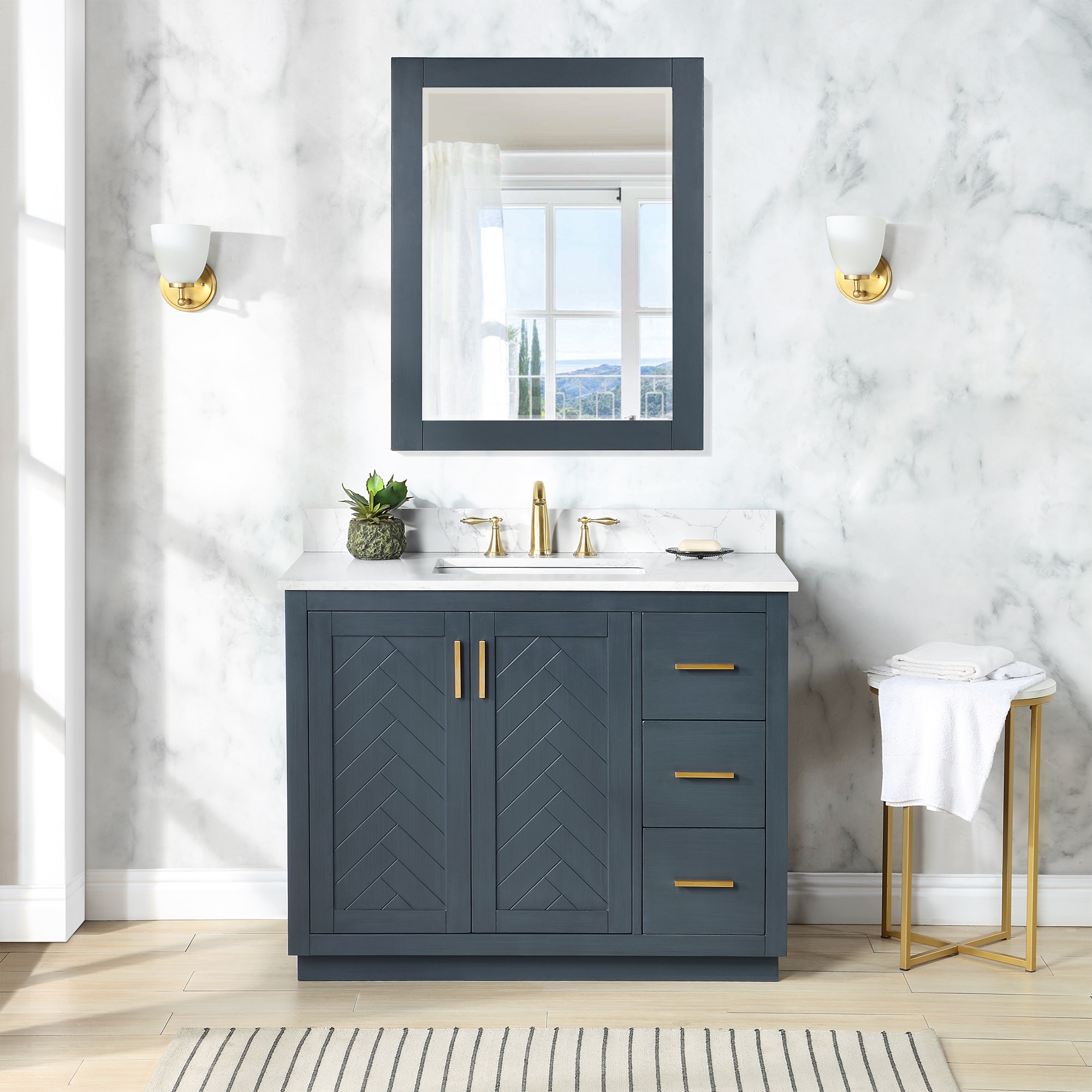 Altair 543042-CB-GW Gazsi 42-in Charcoal Blue Finish Undermount Single Sink Bathroom Vanity with Grain White Engineered Stone Top (Mirror Included)