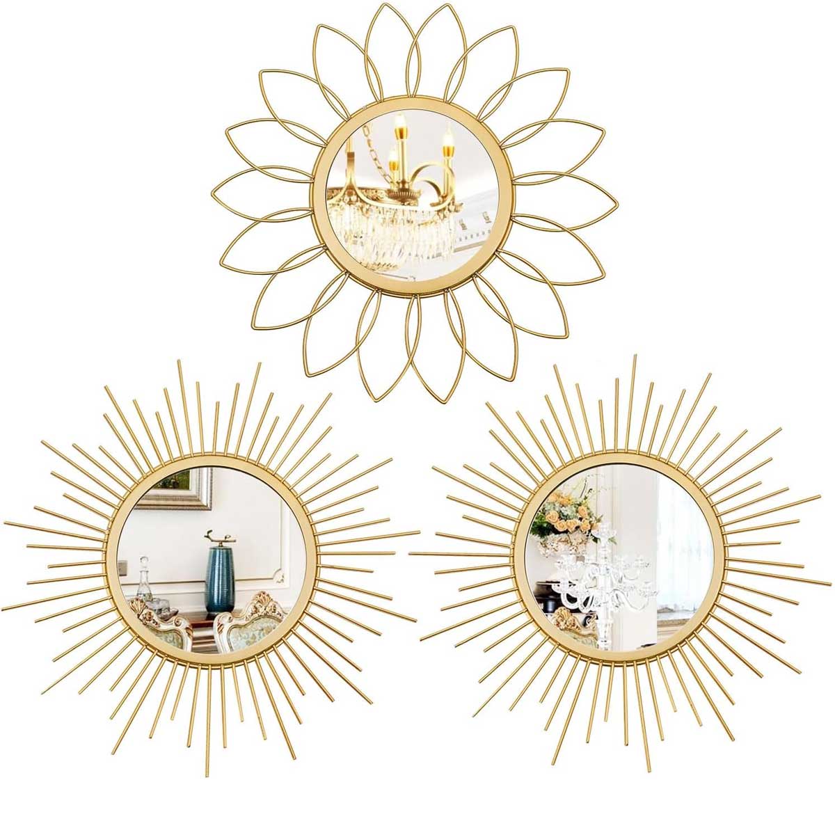 Aoibox  3 Pack Gold Sunburst Wall Mirrors Decorative Hanging Metal Art for Living Room Bedroom Entryway with HD Glass No Distortion