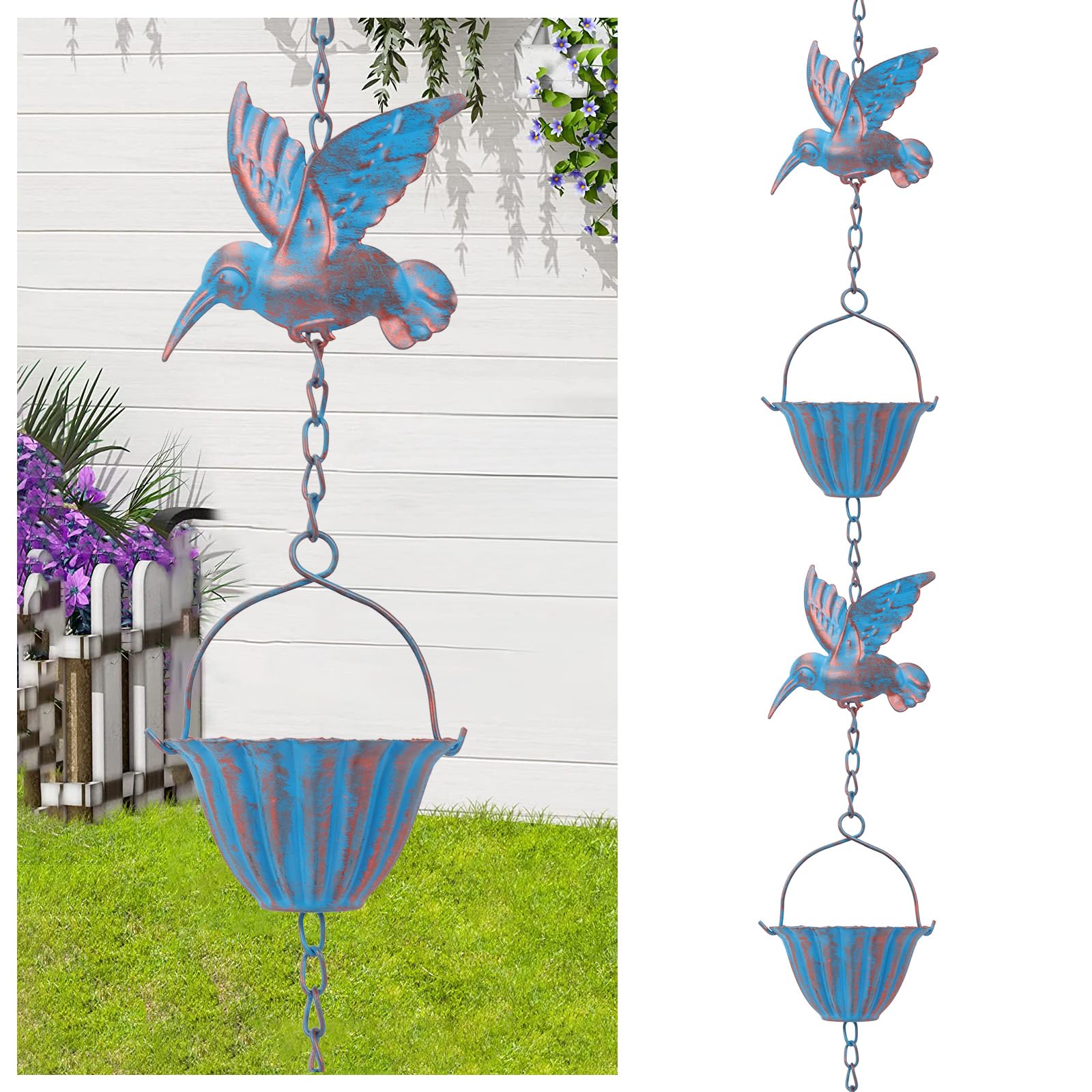 AOIZGMY  8 Foot Rain Chain with 7 Cups and Hummingbirds Rust Resistant Metal Outdoor Rain Catcher Decorative Downspout Alternative for Gutters