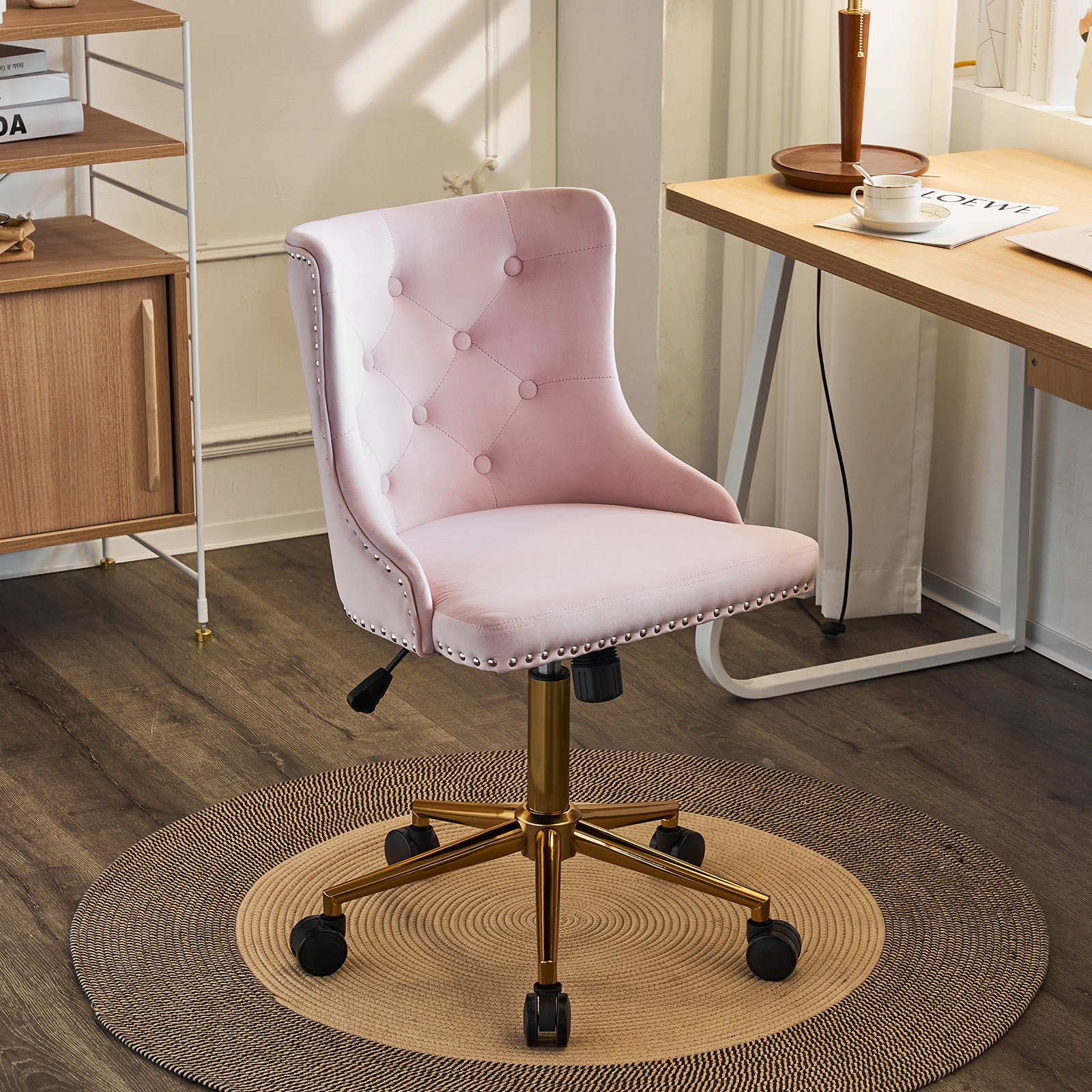 VINGLI 23W x 40H Light Pink Velvet Swivel Upholstered Armless Office Desk Chair with Gold Base Wheels Back for Bedroom