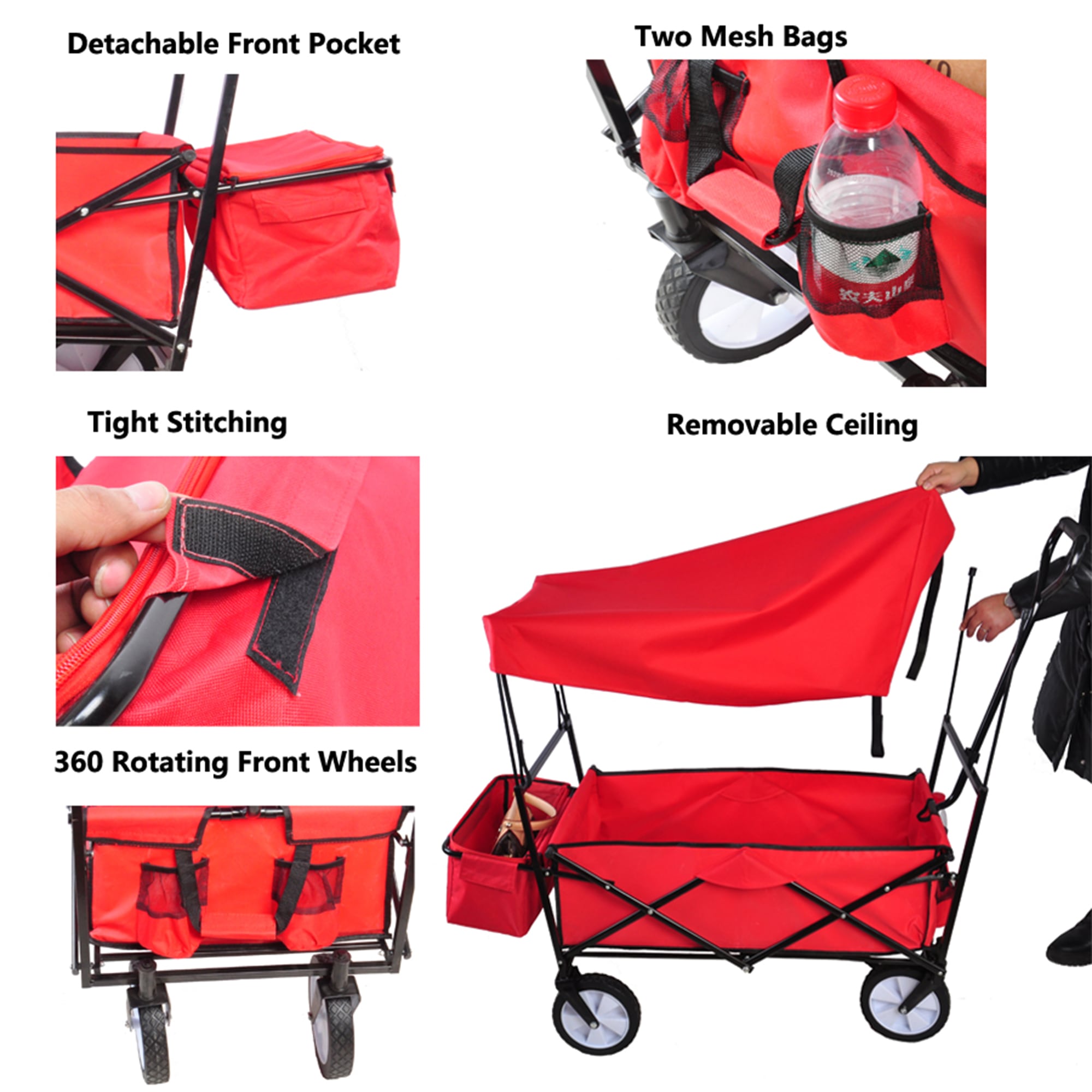 WELLFOR Red Folding Steel Garden Cart with Rubber Wheels - Heavy Duty ...