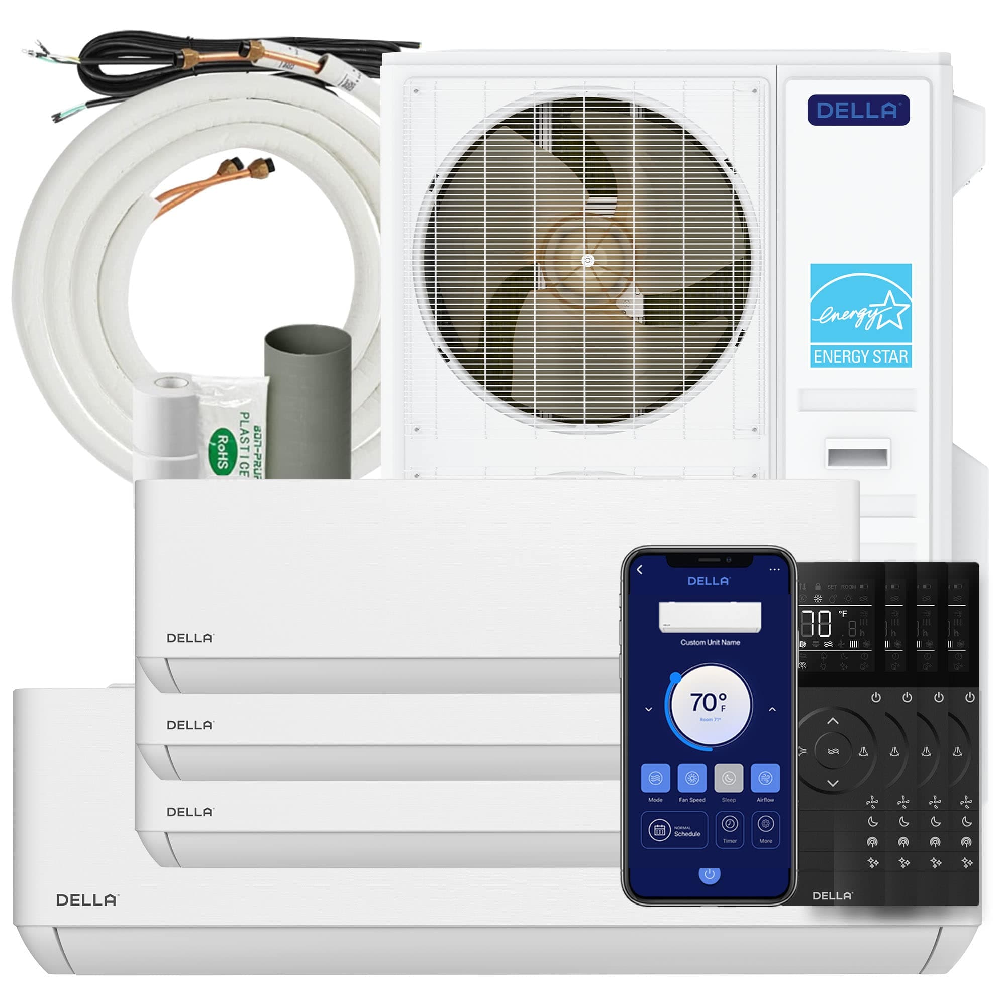 DELLA  48K BTU 4-Zone 6K-9K-9K-18K Soft Airflow Mini Split AC with Heat Pump Fits Up to 2100 Square Feet