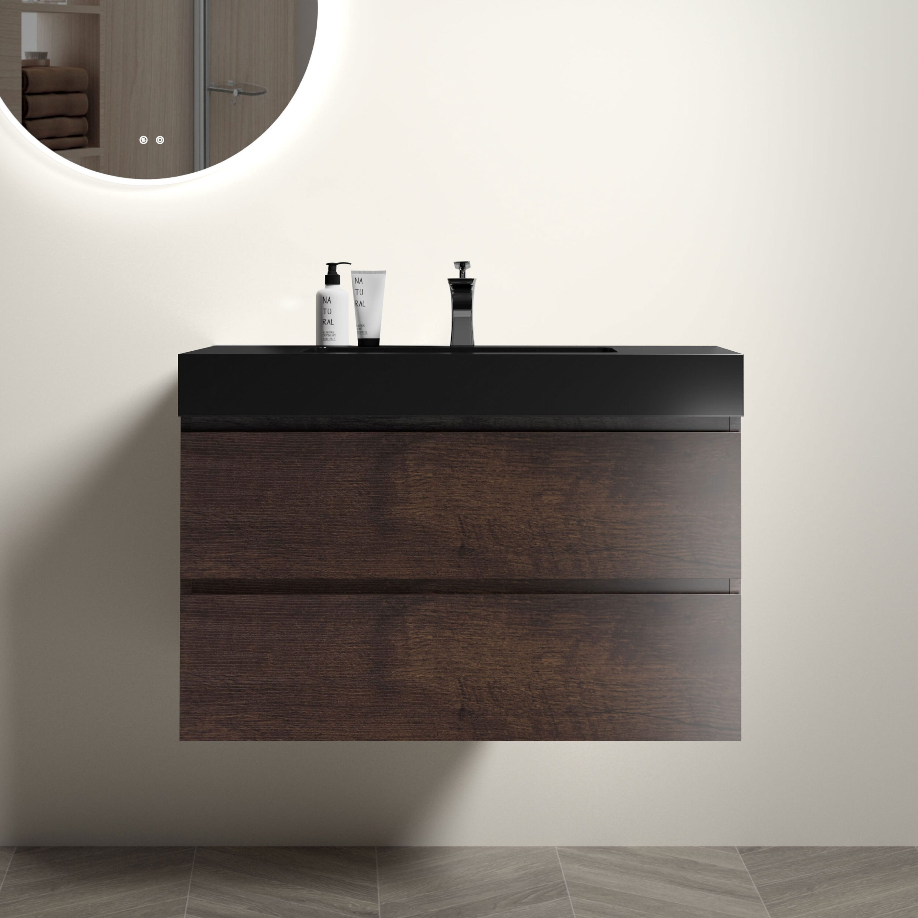 GDFStudio 328581 36 Inches Walnut Bathroom Vanity with Sink Large Storage Wall Mounted Floating Bathroom Vanity for Modern Bathroom One-Piece Black Sink Basin without Drain and Faucet Pre-assembled