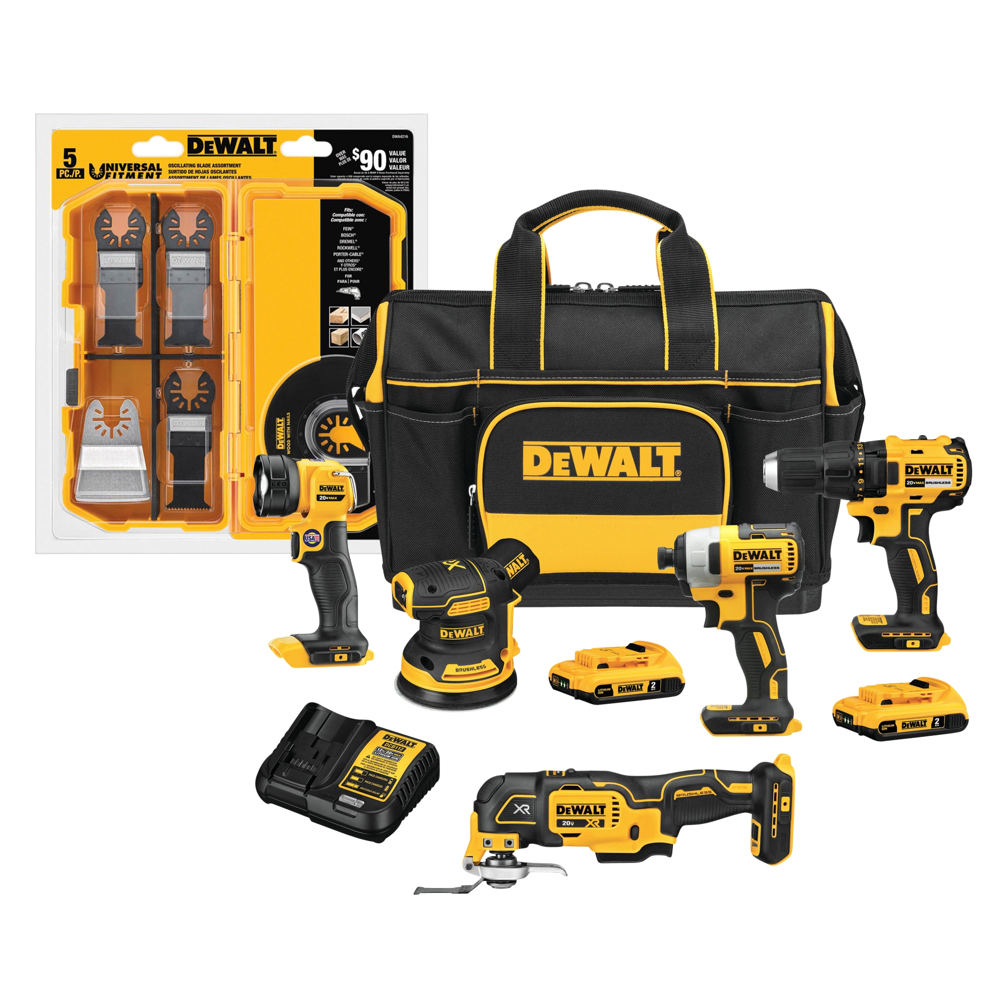 DEWALT 5-Tool 20-Volt Max Brushless Power Tool Combo Kit with Soft Case (2-Batteries and charger Included) & 5-Piece Blade Set