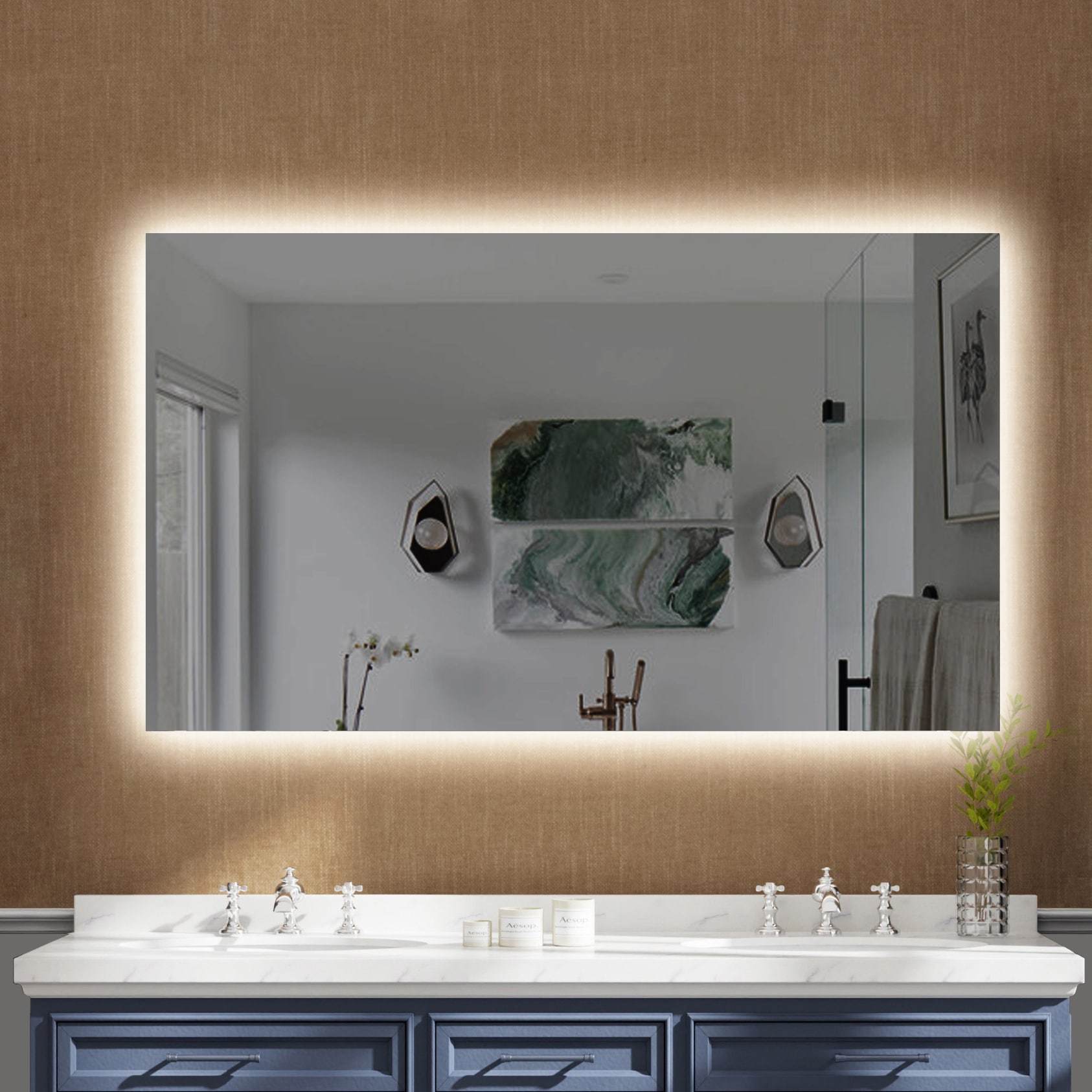 WELLFOR W15MRL5532 Kiran 55-Inches x 32-Inches Polished Frameless Rectangle Dimmable Lighted Fog Free Bathroom Vanity Mirror ( Silver )