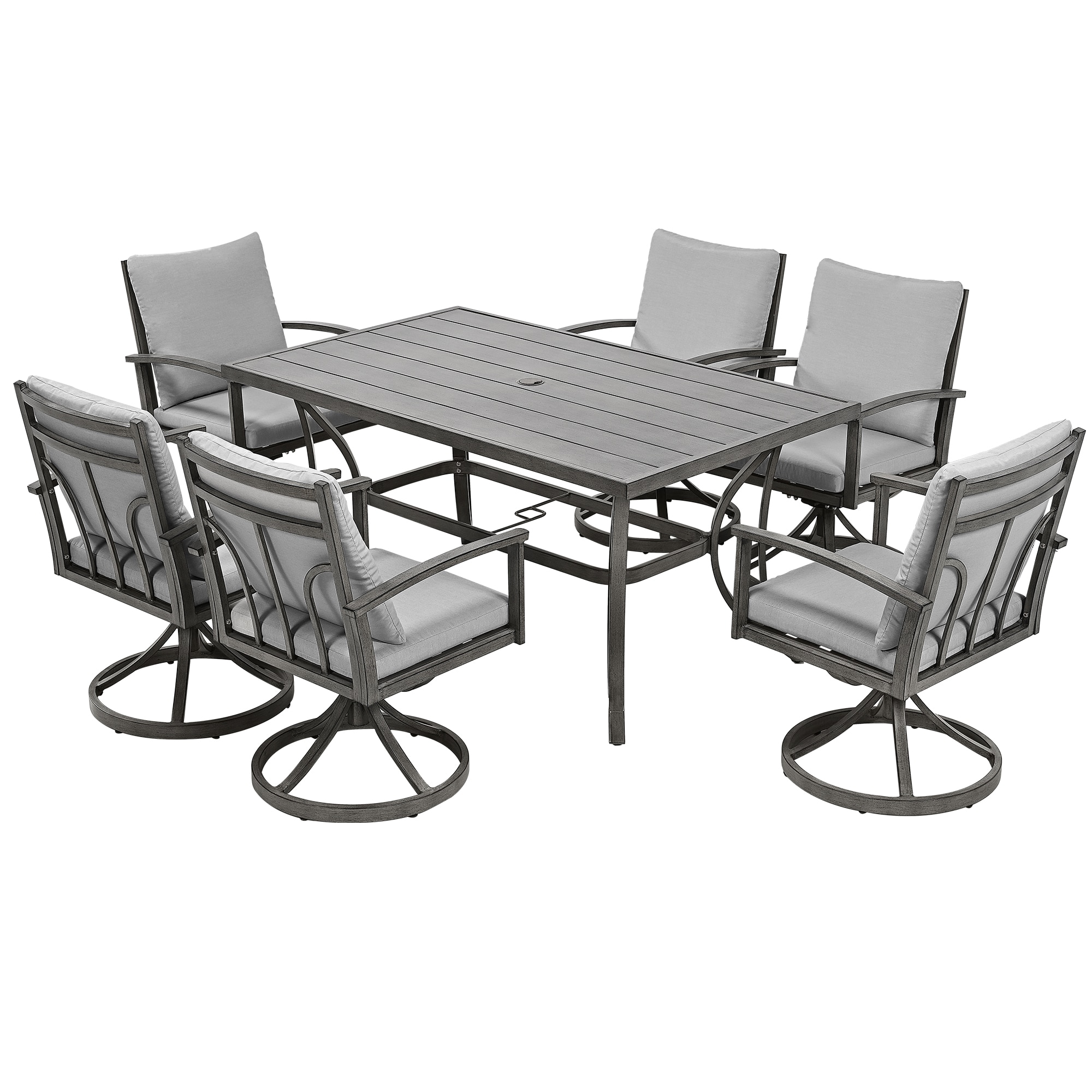 Modique 7-Piece Gray Aluminum Swivel Patio Dining Set with Cushions