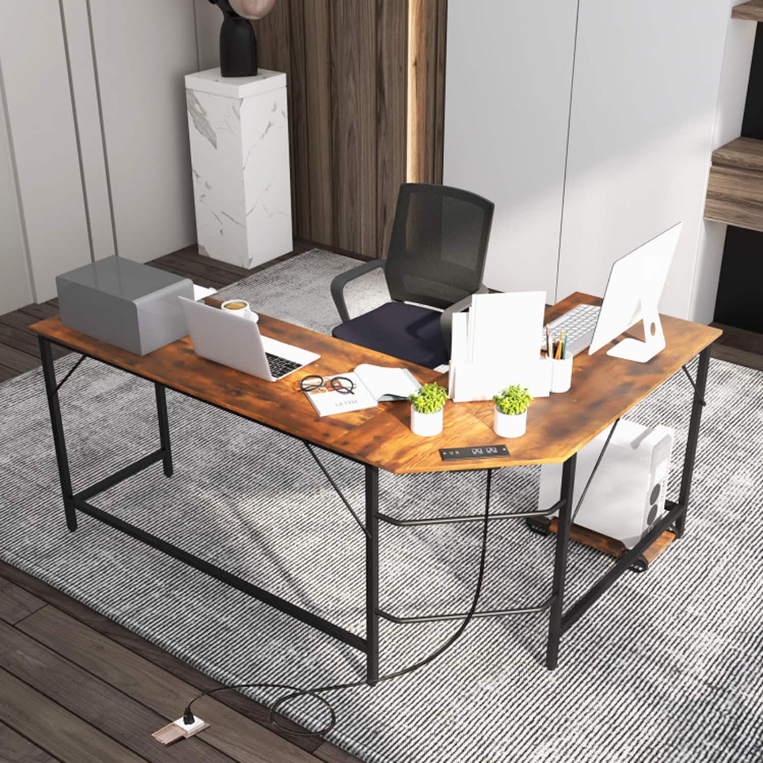 47.2 Home Office Desk / Computer Desk, Storage Desk Morden Style with Open Shelves Worksation - Brown