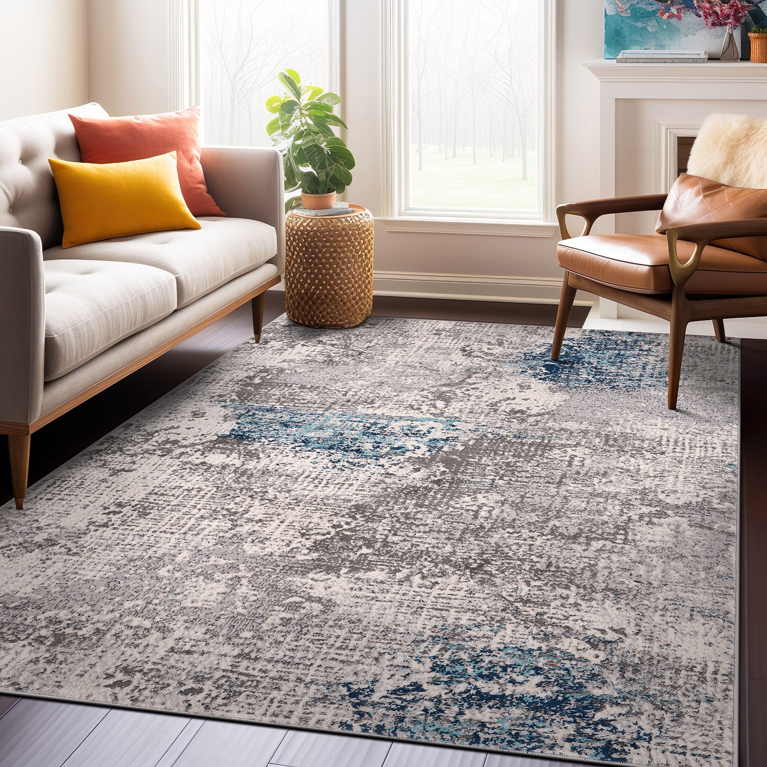 World Rug Gallery 4050BLUE5X7 5 x 7 (ft) Loomed Polypropylene Blue Rectangular Indoor Abstract Vintage Area rug