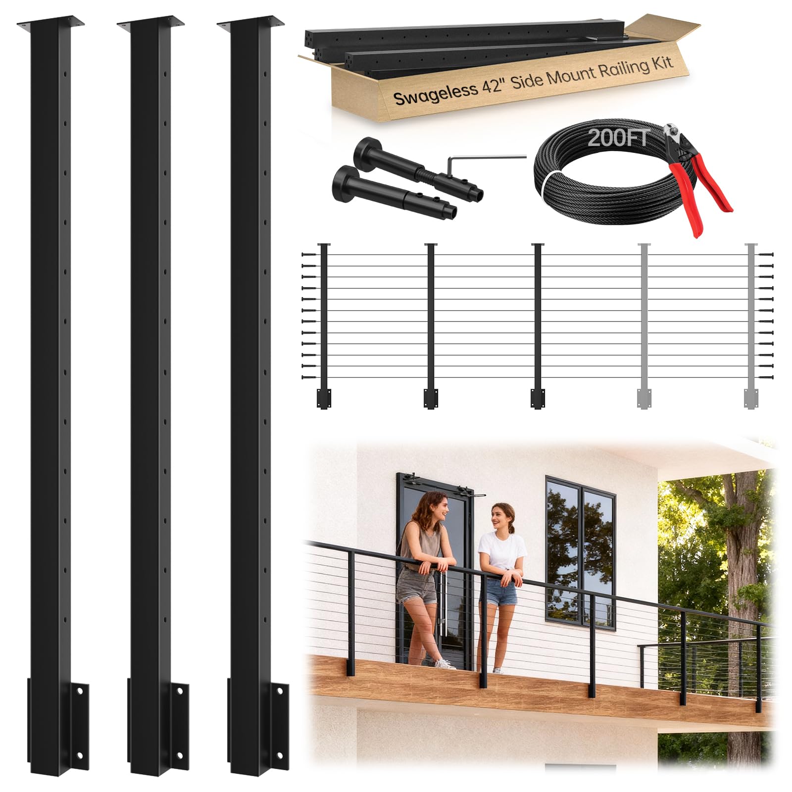 Anqtovp -  8 to 16FT Swageless Side Mount Cable Railing Kit All Black 42 Inch 3 Level Post Kit 20...