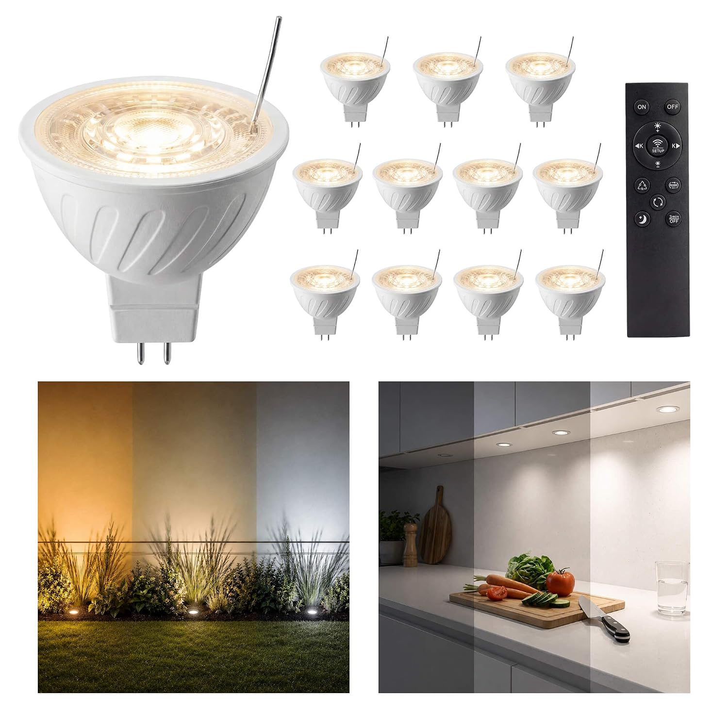 Gardenreet MR16 LED Bulb Tunable White 2700K-6500K 5W 450 Lumens Dimmable 12V GU5.3 Bi-Pin 45 Degree Beam Angle for Landscape and Accent Lighting 12 Pack with Remote
