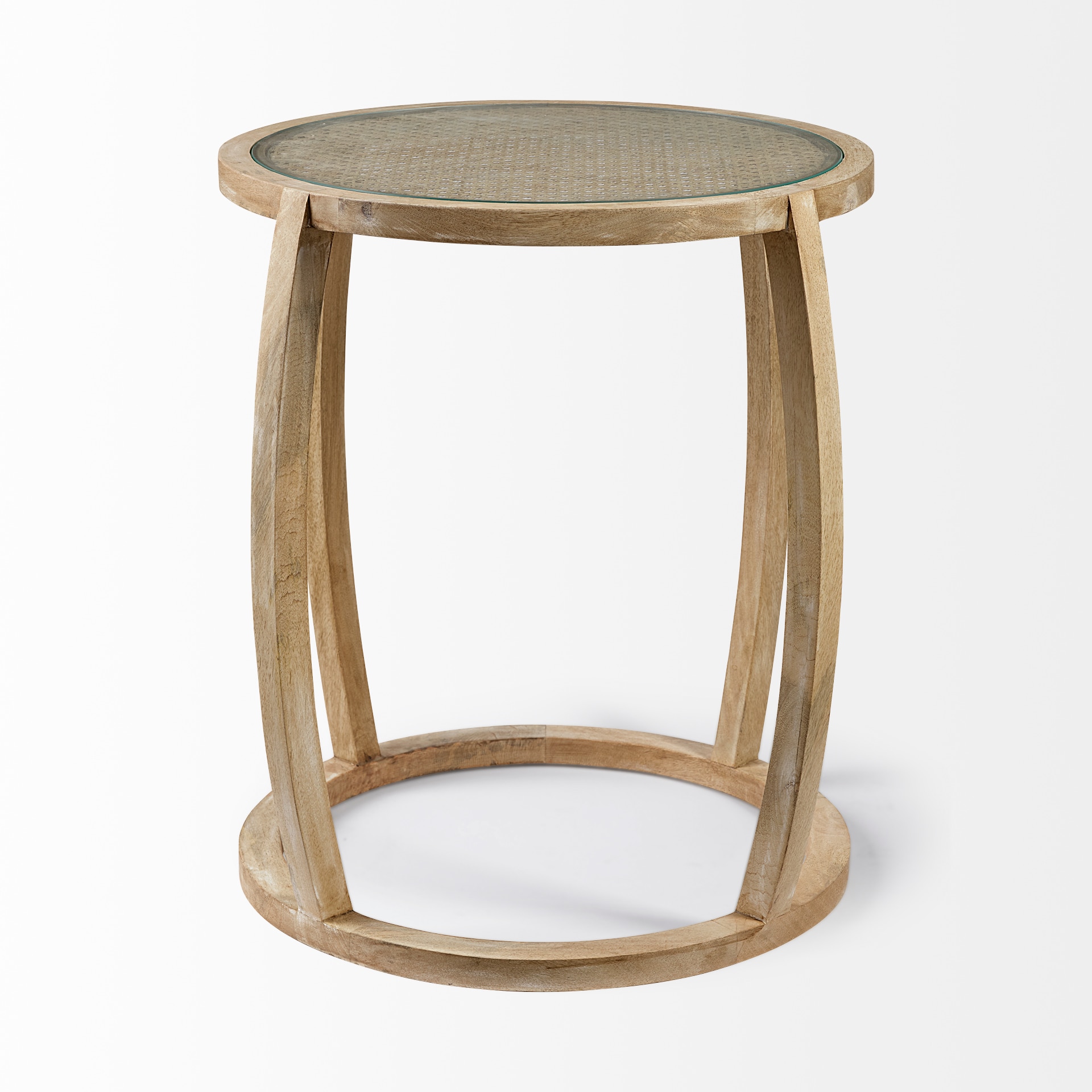 Light Brown Round Wood and Glass Accent Table